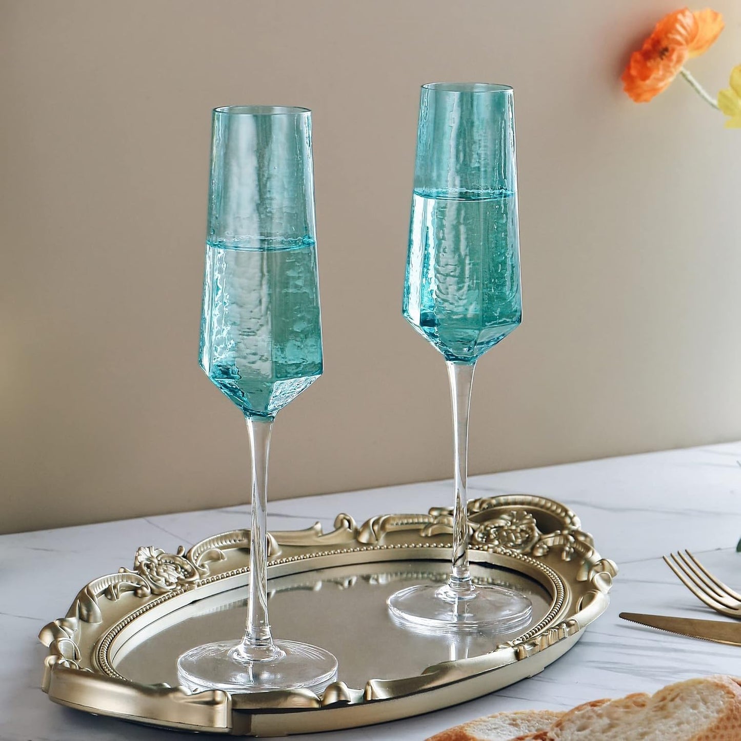 Luminthra 8 Oz. Blue Crystal Champagne Flutes, Elegant Flutes Set of 2 for Weddings, Anniversaries, and Christmas (Blue) (Blue,2 count)