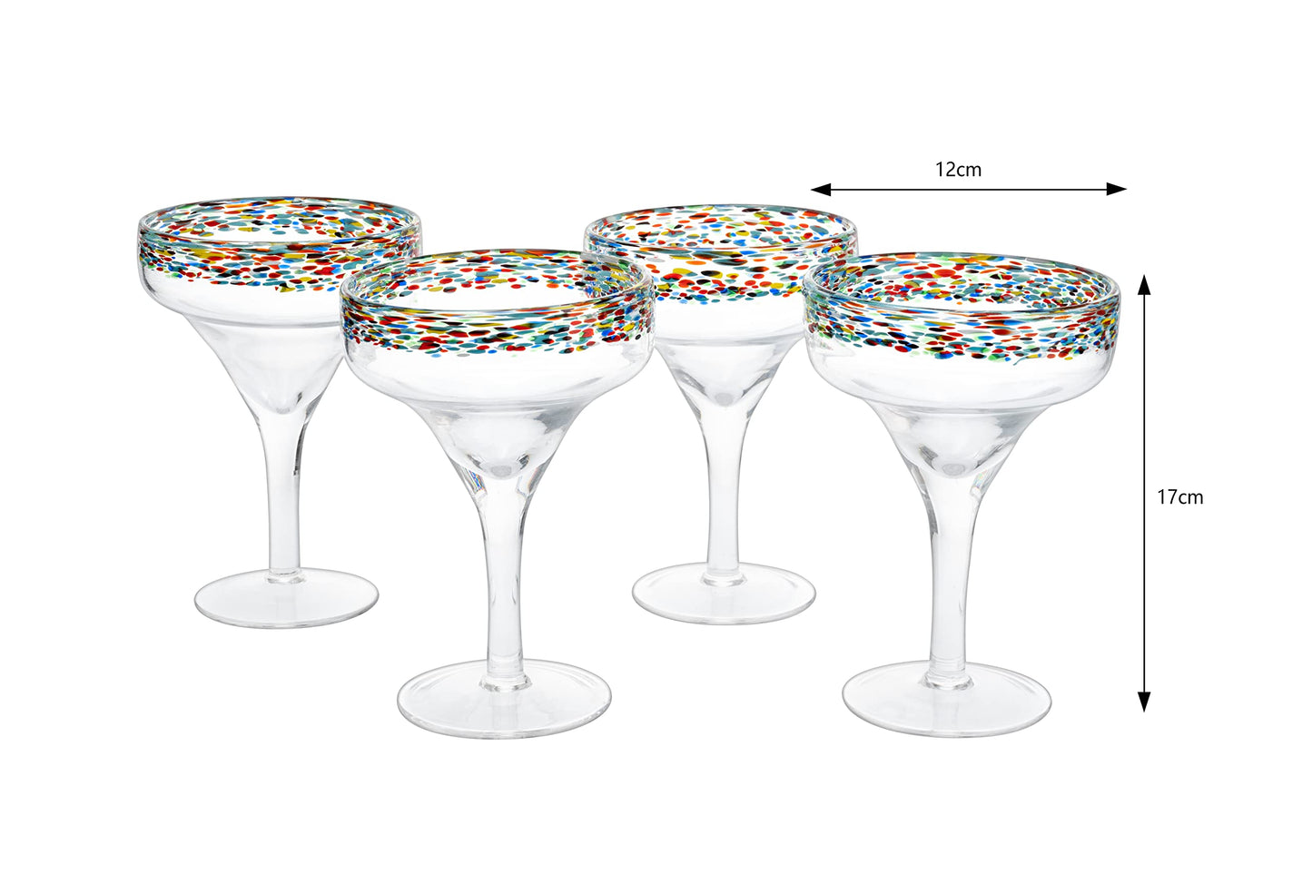 Margarita Glasses – Set of 4 - Luxury Hand Blown Confetti Margaritas, Cocktails, Water, Wine, Dessert, Martini & Champagne Cinco de Mayo, Hand Blown - Mexican Confetti Design Glass, Party, Home & Bar