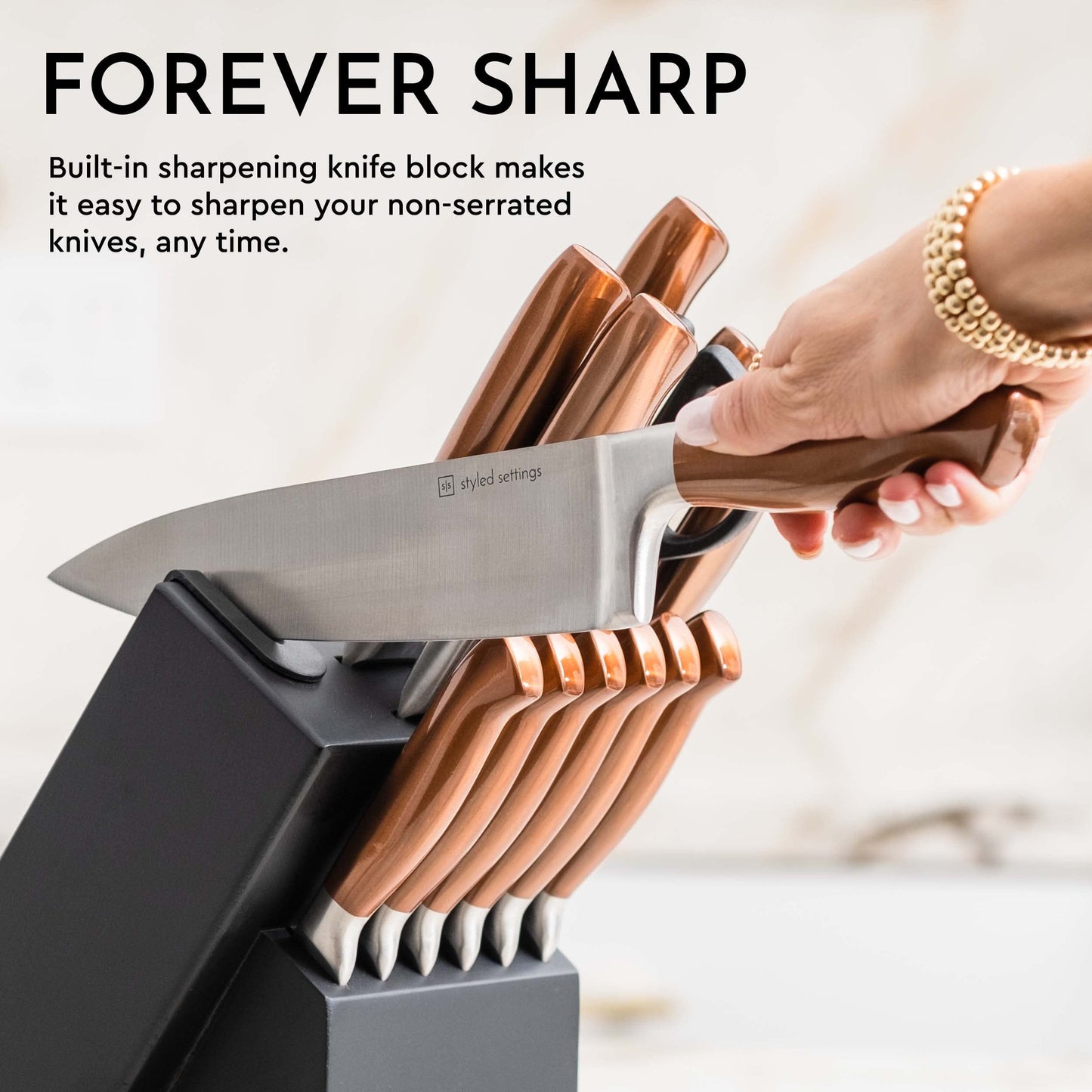 Copper Knife Set with Block and Sharpener – 14-Piece Rose Gold Knives with Black Knife Block and Built-In Sharpener – Stylish Copper Kitchen Accessories and Decor for Cooking and Prepping