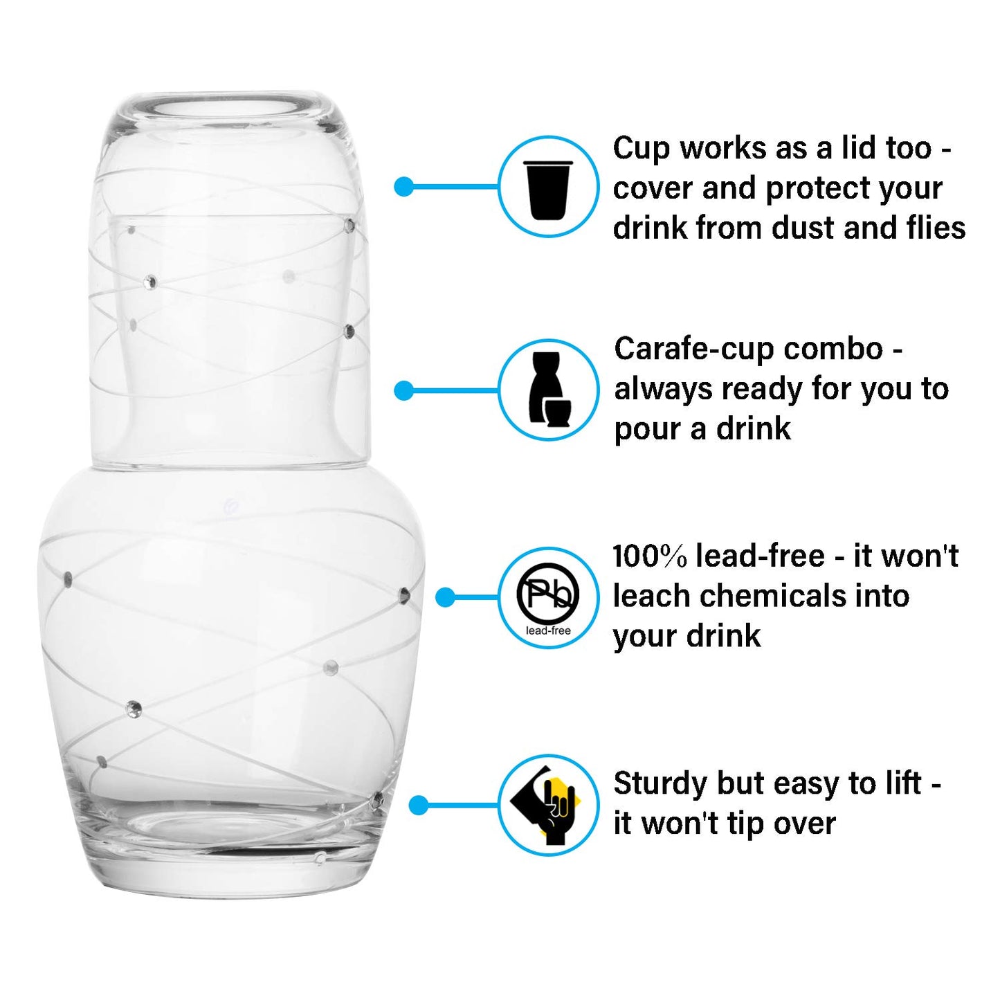 Trinkware Calici Nightstand Water Carafe With Tumbler - Etched Swirl Design With Stones - 2-Piece Water Set Pitcher and Cup