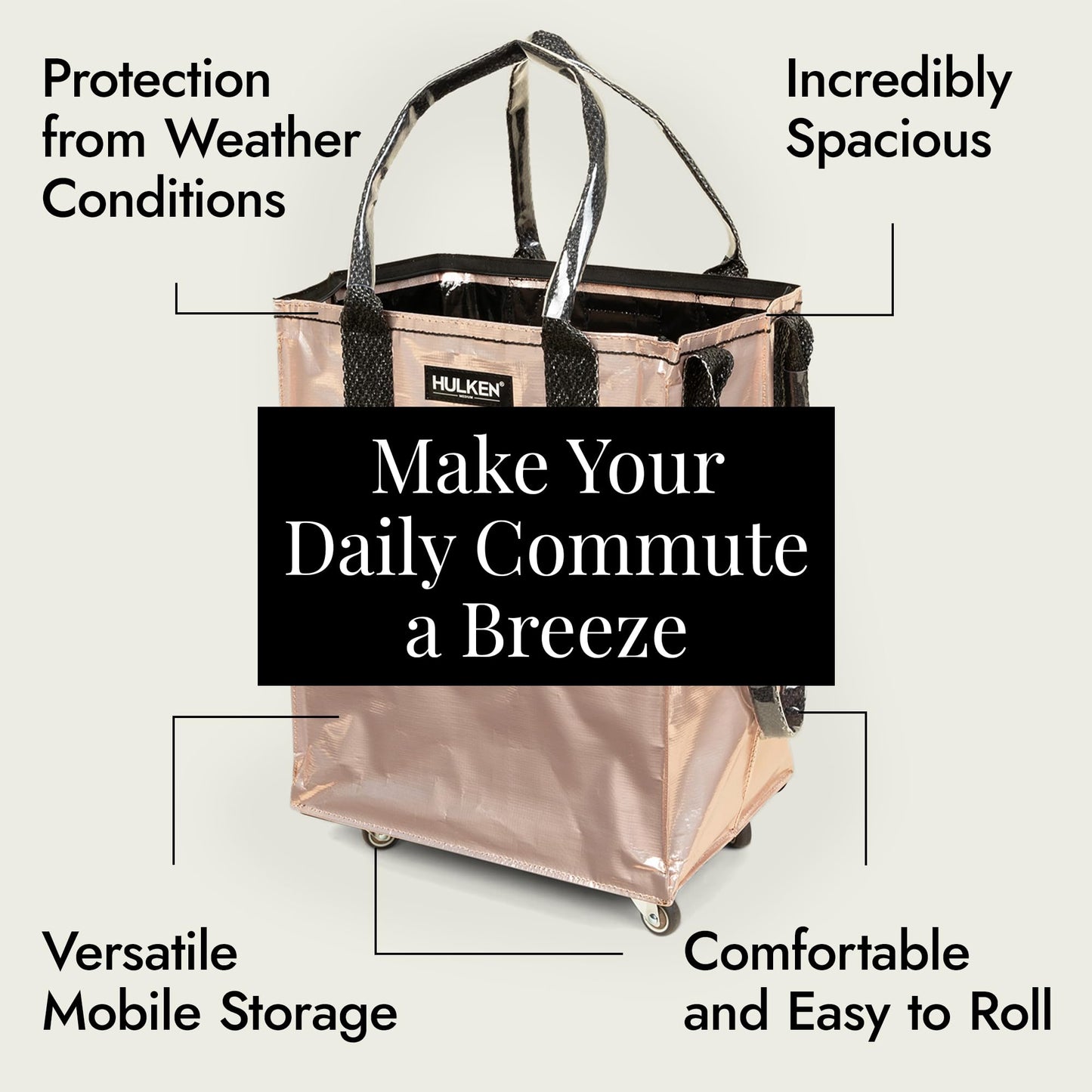 HULKEN (Medium, Rose Gold) Reusable Grocery Bag On Wheels, Shopping Trolley, Rolling Tote, Zipper Closure, Lightweight, Carries Up to 66 lb, Folds Flat, Unbreakable Handles