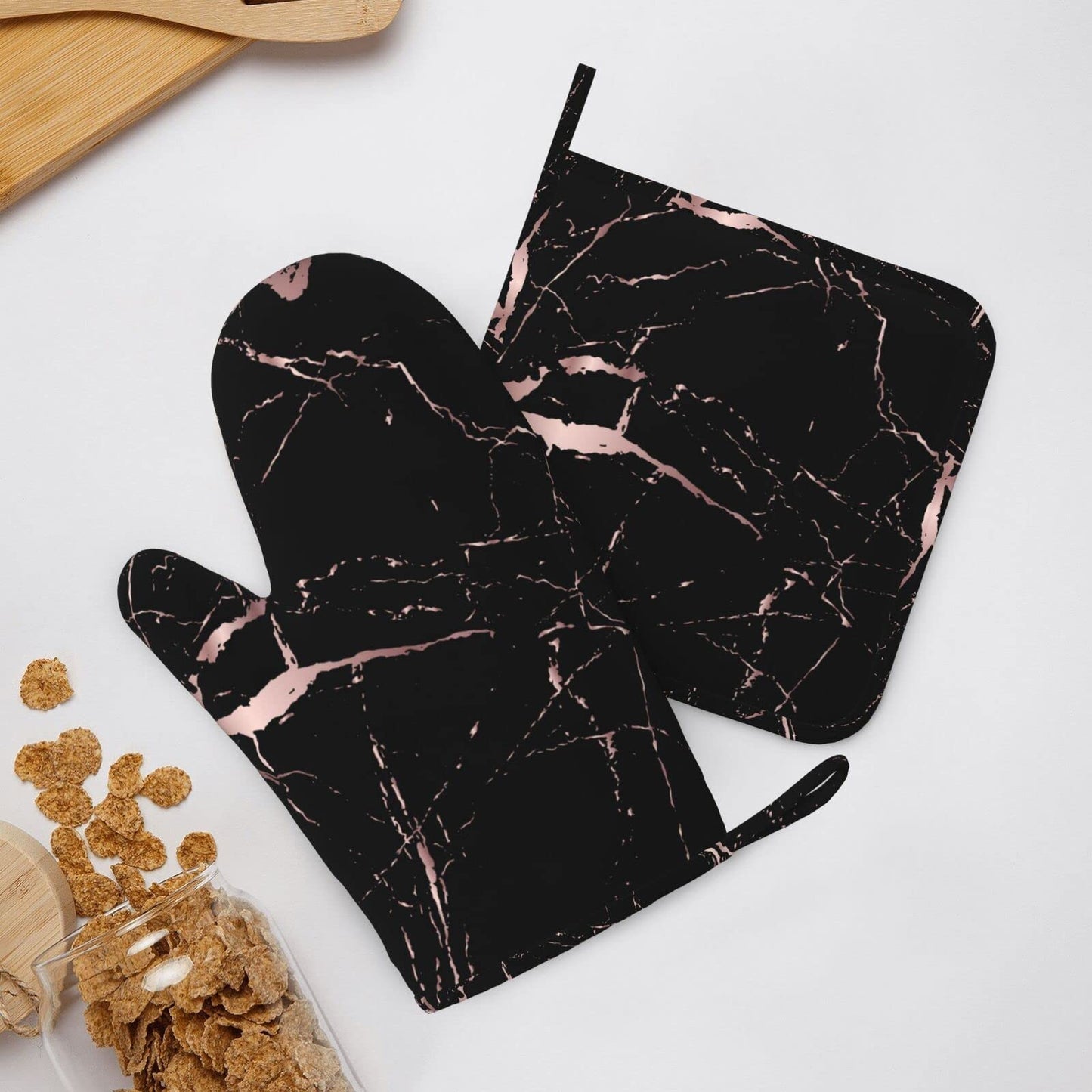 Oven Mitts and Pot Holders Rose Gold Marble Black Silicone Kitchen Accessories Set of 4 Heat Resistant Long Gloves Potholder Non-Slip Grip for Chef Cooking, Baking, Grilling, BBQ
