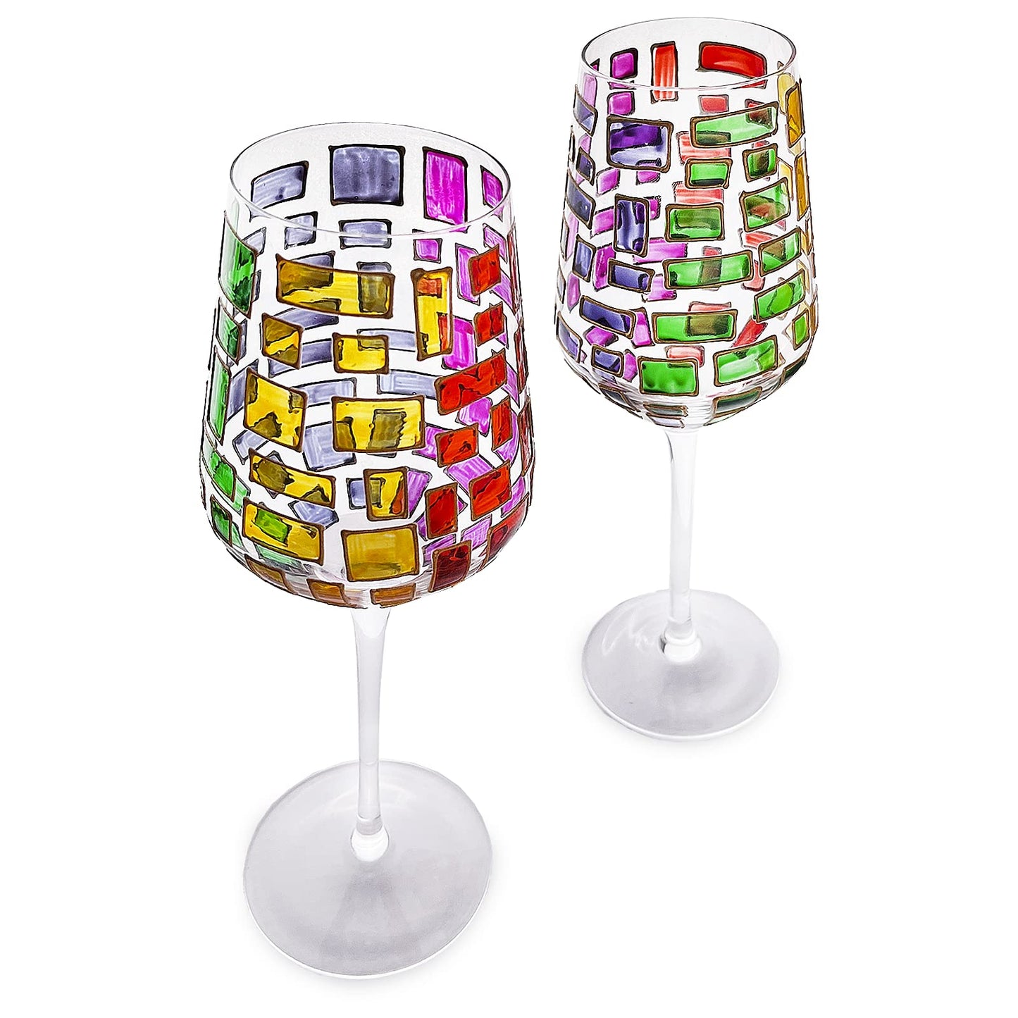 Artisanal Hand Painted Stemmed Wine Glasses - Gift for, Friends, Girlfriends, Sagrada Renaissance Stain-glassed Windows Wines Glass Set of 2 - Gift Idea for Birthday, Housewarming, Extra Large Goblets