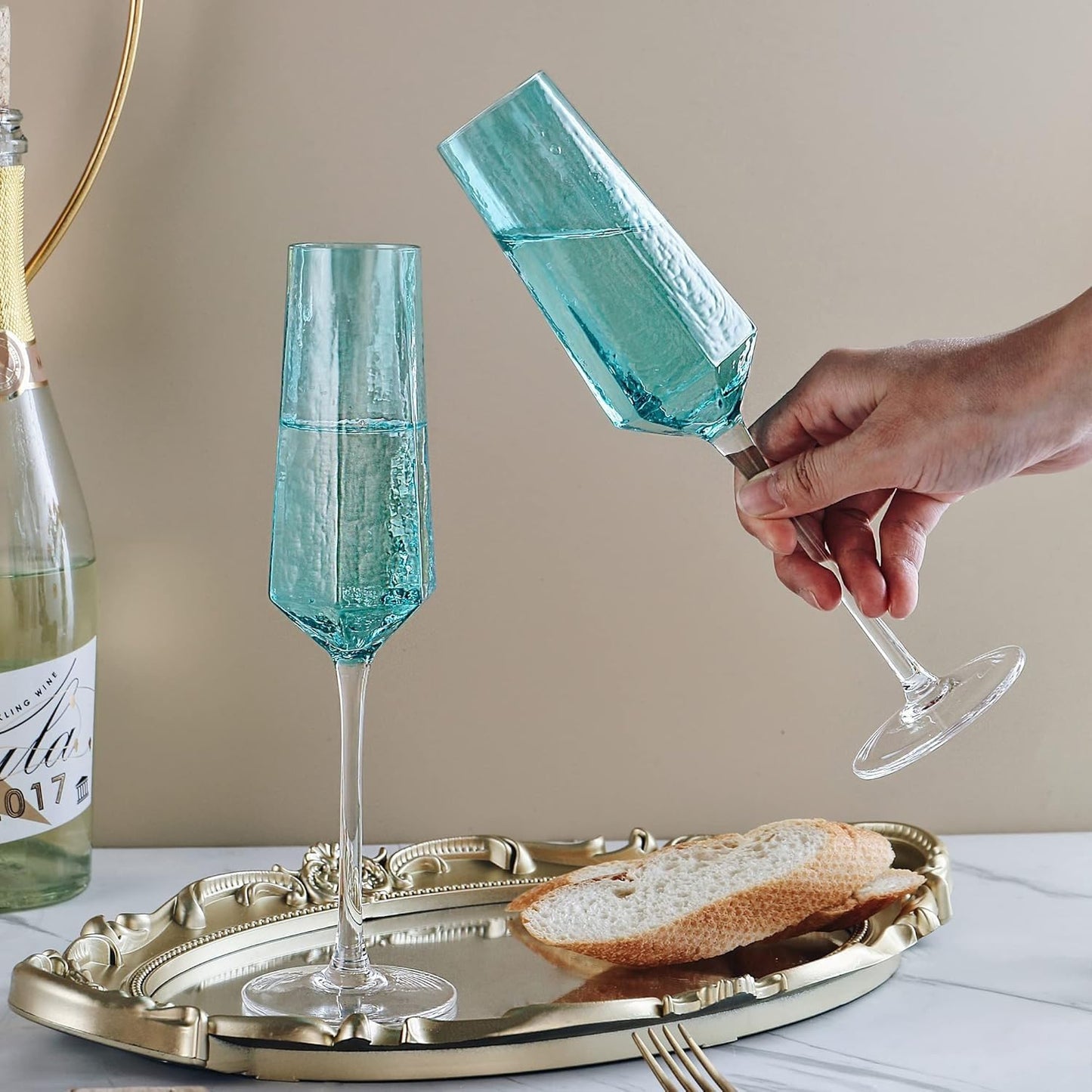 Luminthra 8 Oz. Blue Crystal Champagne Flutes, Elegant Flutes Set of 2 for Weddings, Anniversaries, and Christmas (Blue) (Blue,2 count)