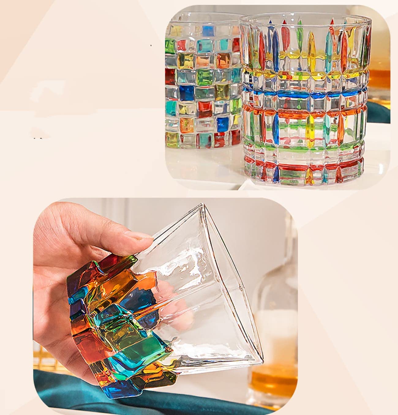 Aebor Colorful Drinking Glasses, Hand Painted Colored Water Glasses, Multicolor Water Glasse,Whiskey Wineglass Glasses,Tumbler Glasses (Ice cube)