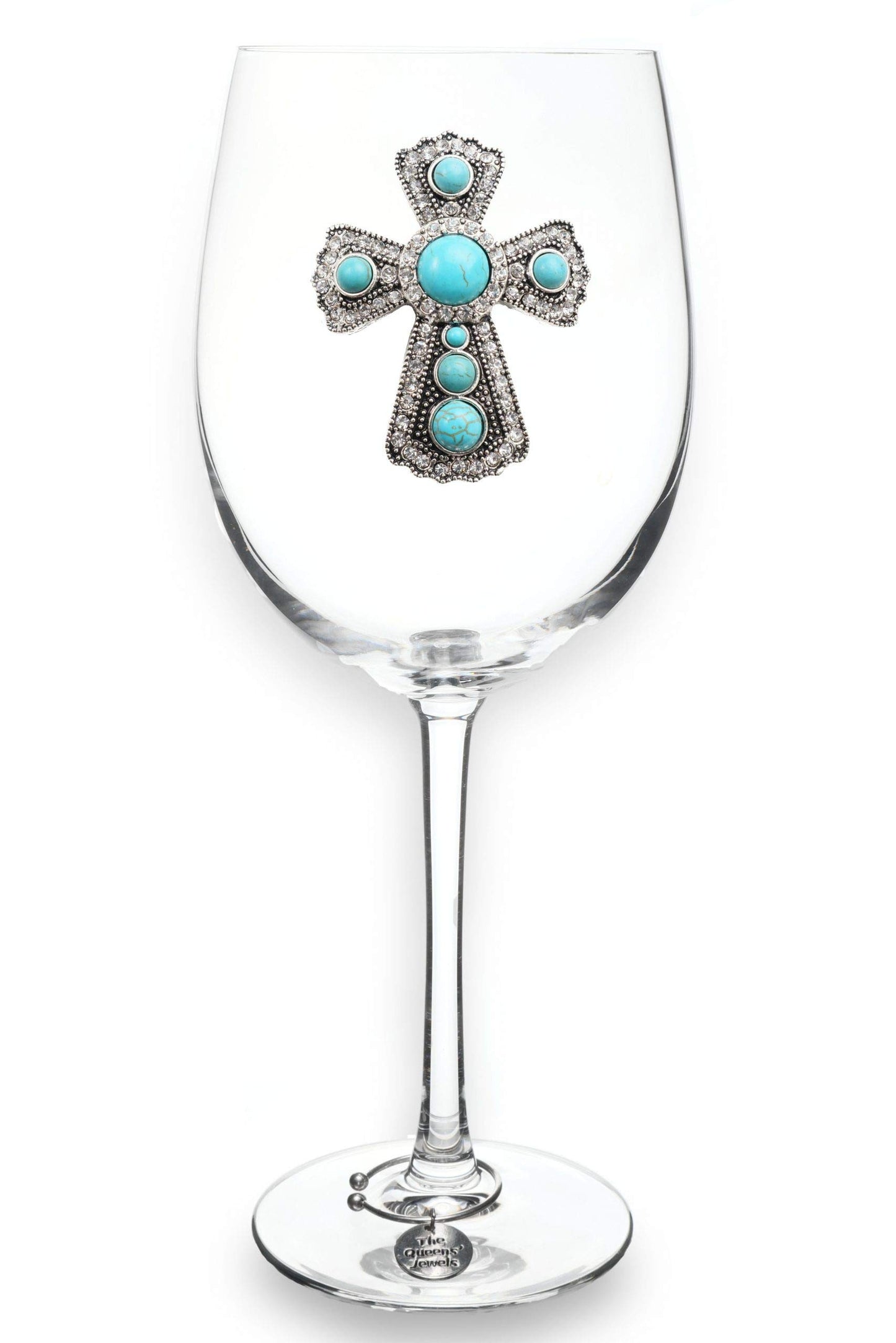 Turquoise Cross Jeweled Stemmed Wine Glass, 21 oz. - Unique Gift for Women, Birthday, Cute, Fun, Not Painted, Decorated, Bling, Bedazzled, Rhinestone