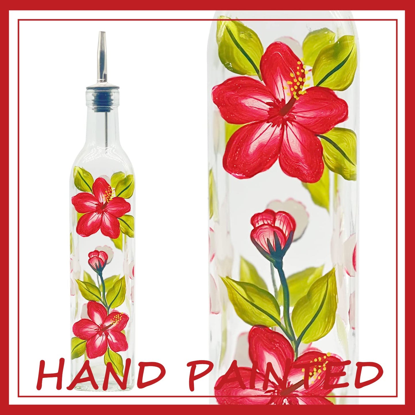 YIYUKODO 17oz Hand Painted Glass Olive Oil Bottle - 500ml Green Oil & Vinegar Cruet with Pourers - Olive Oil Carafe Decanter for Kitchen (Red flowers)