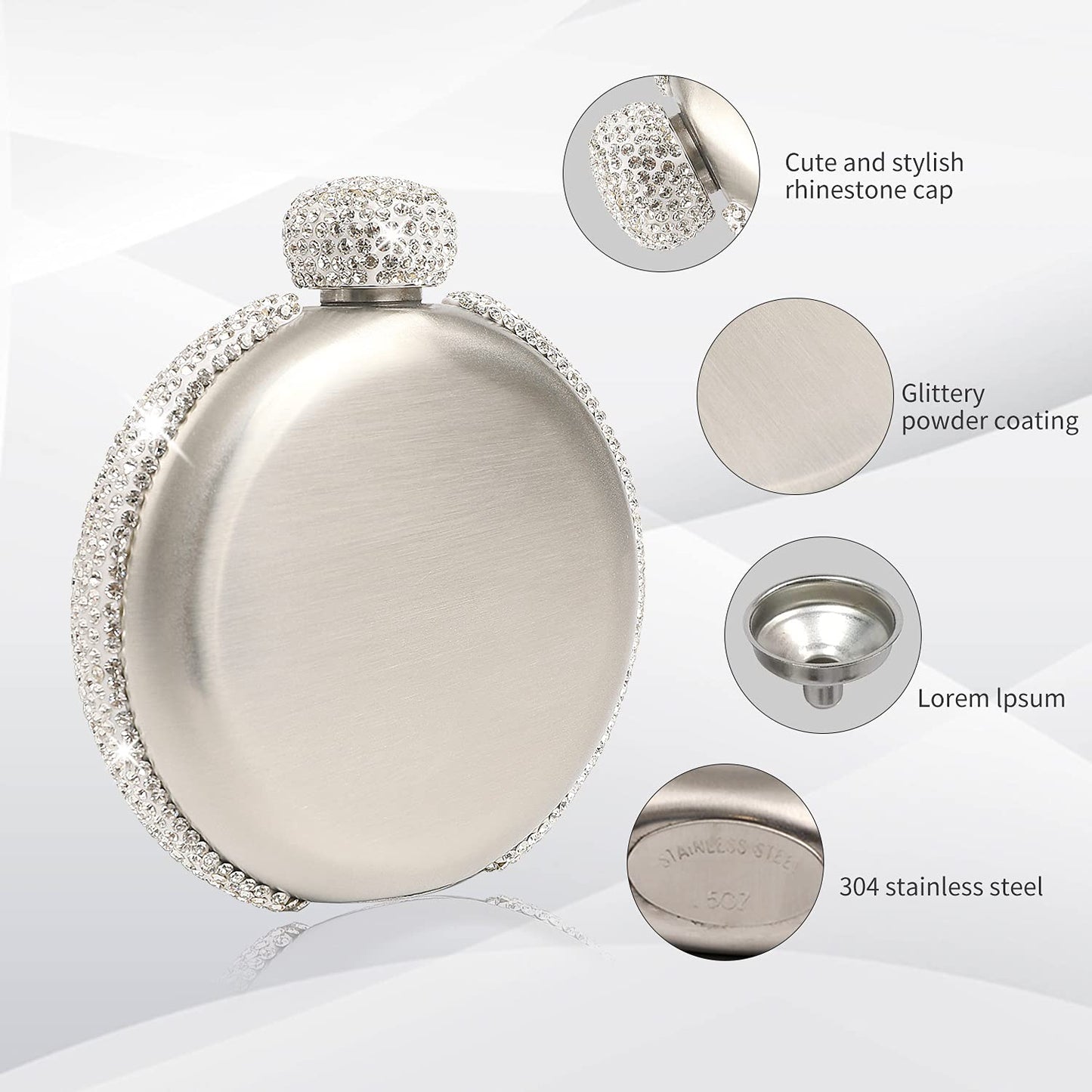 Elegant Liquor Flask for Women, Leakproof Wine Flasks 304 Stainless Steel Rhinestone Portable Flask with Funnel, Women Girls Bling Gift (Silver/5 oz.)