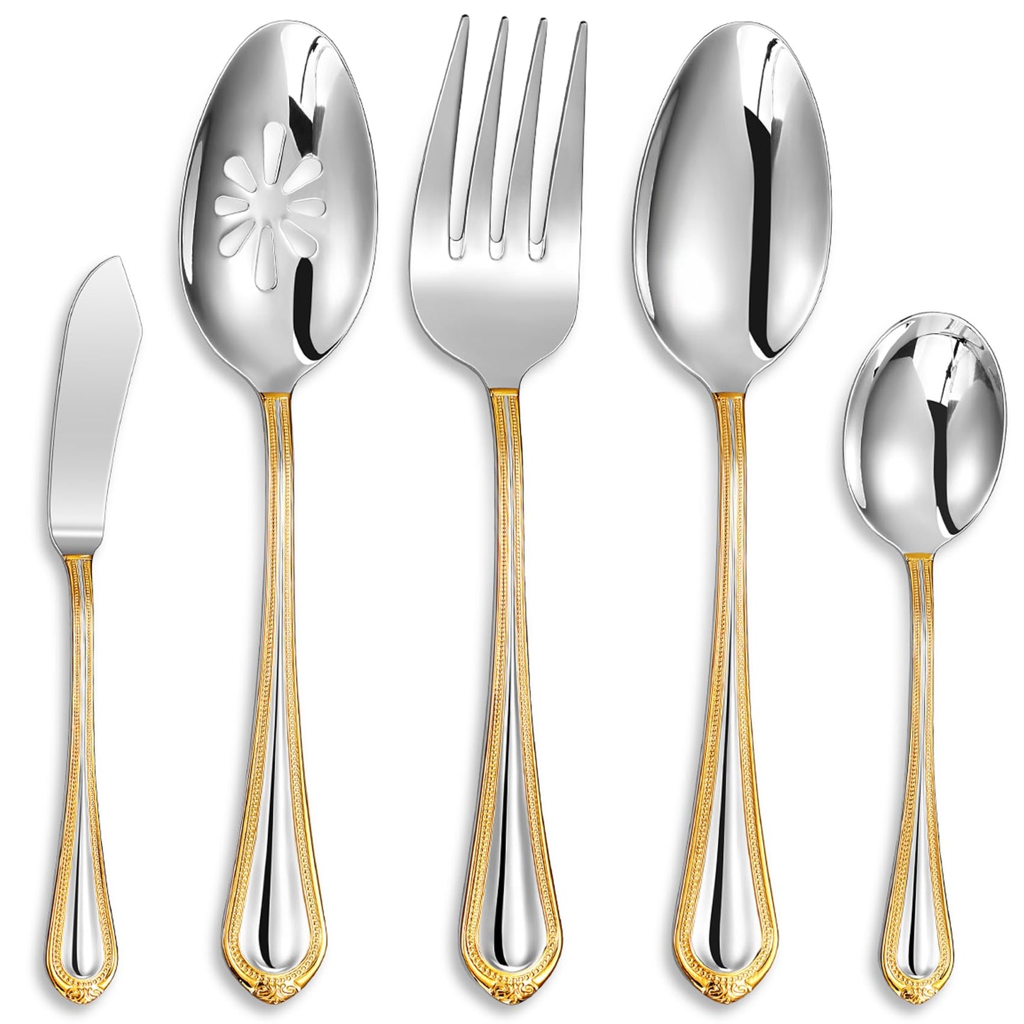 KEAWELL Pearl Edge Premium Hostess Serving Utensils Set, 18/10 Stainless Steel, 9" Fine Hostess Utensils with Refined Bead Design, Brightly Polished, Gold Accent, Dishwasher Safe (Hostess Serving Set)