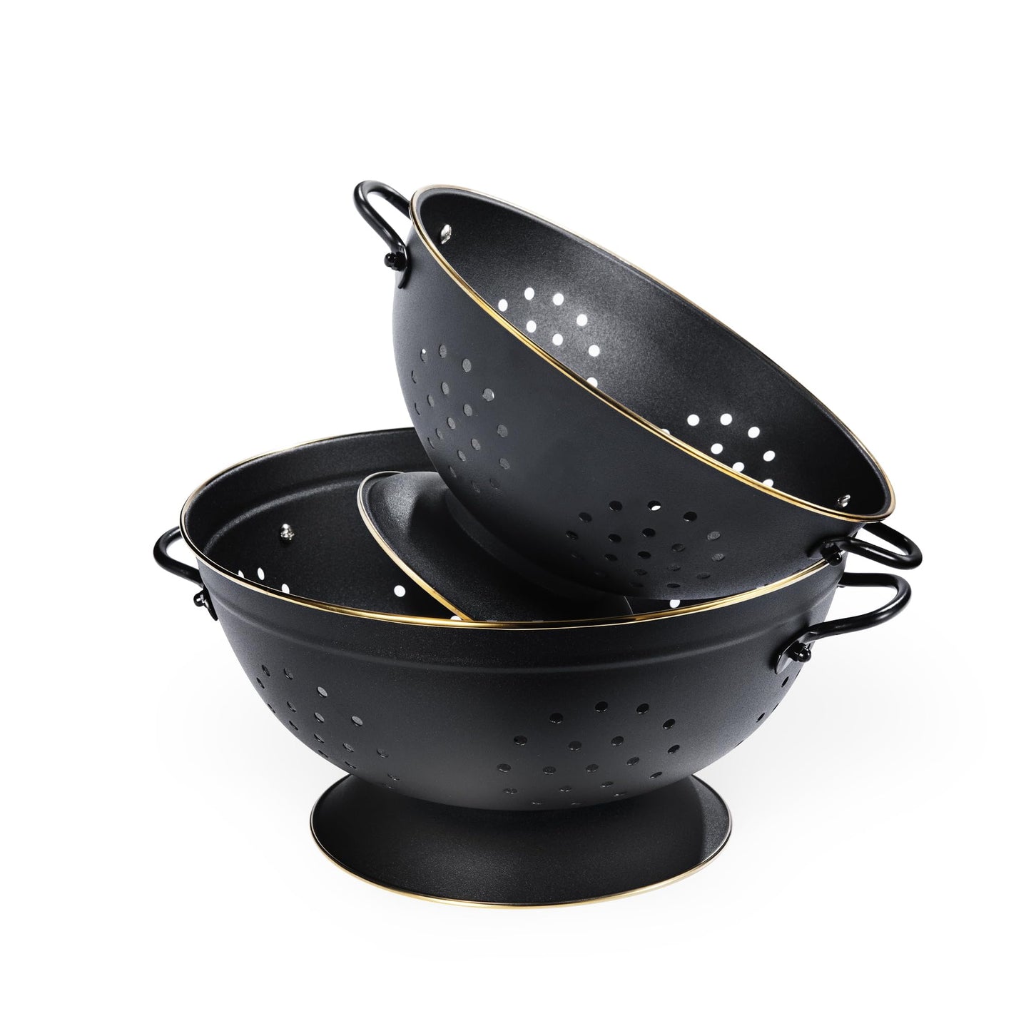 Metal Colander Set of 2, Strainer Basket with Handles perfect for Spaghetti, Pasta, Berry, Vegetable, Fruit, Solid Base Powder Coated Self-draining Kitchen Colander Bowel, 3.5 & 5 Qt, Matte Black