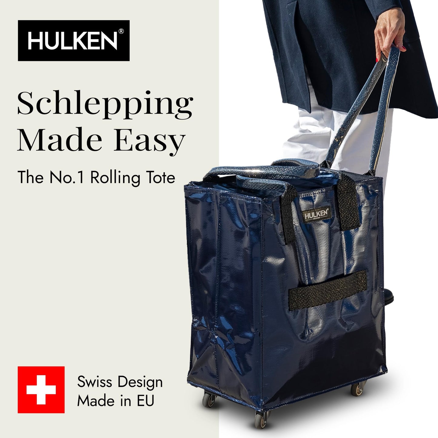 HULKEN - (Medium, Midnight Blue Reusable Grocery Bag On Wheels, Shopping Trolley, Rolling Tote, Zipper Closure, Lightweight, Carries Up to 66 lb, Folds Flat, Unbreakable Handles