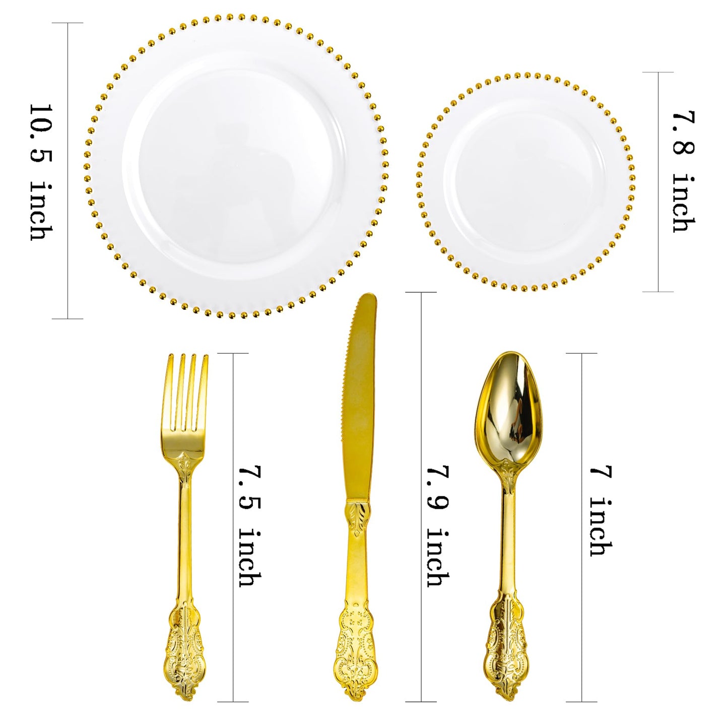 75-Piece Gold Bead-Rimmed Plastic Plate and Utensils Set, Heavy Duty Dinnerware Set Includes 15 Dinner Plates, 15 Dessert Plates, 15 Gold Plastic Forks, 15 Spoons, 15 Knives, Perfect for Parties and Weddings