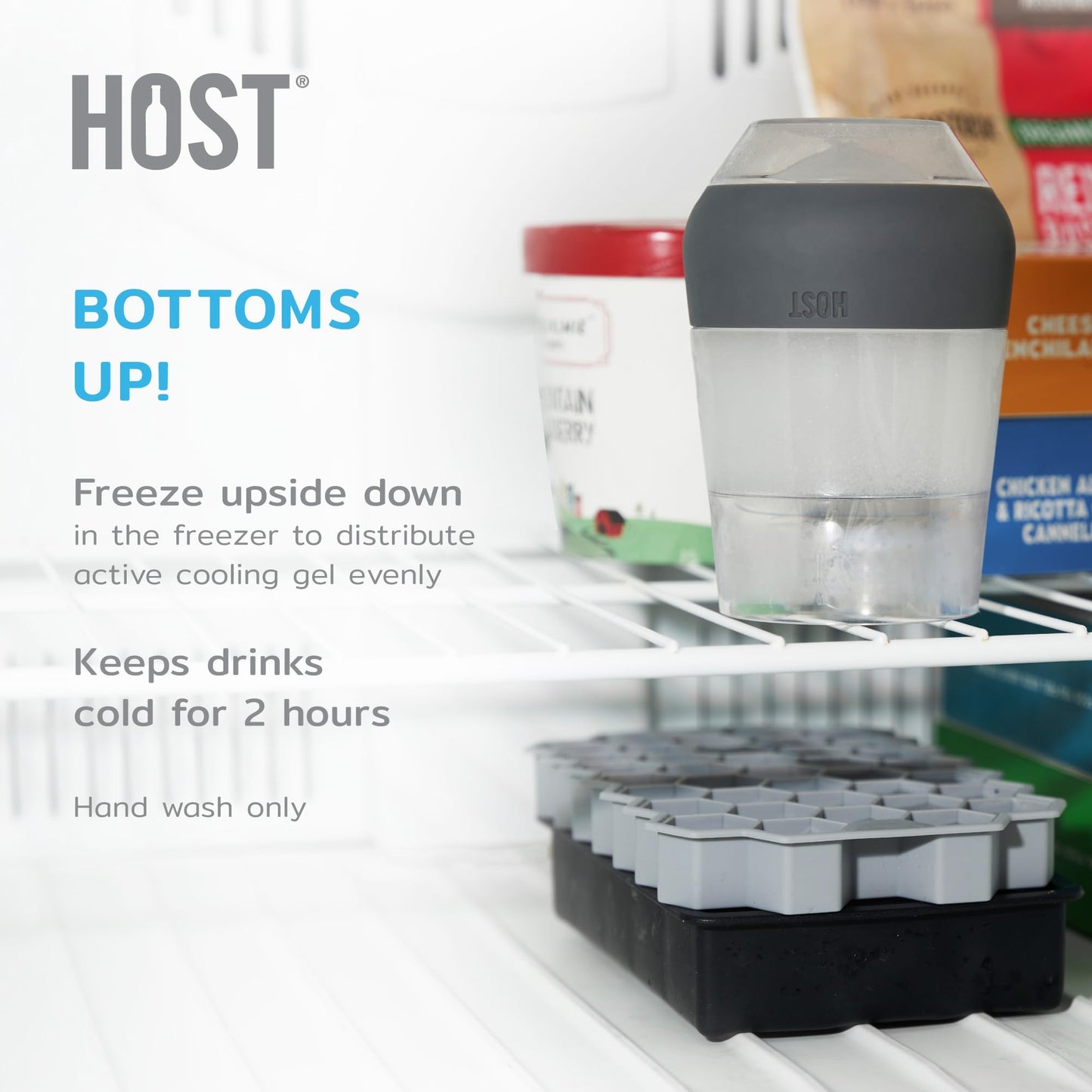 Host Champagne Freeze, Double-Walled Stemless Wine Glasses Freezer Cups with Active Cooling Gel and Insulated Silicone Grip, 9oz, Set of 4, Glitter