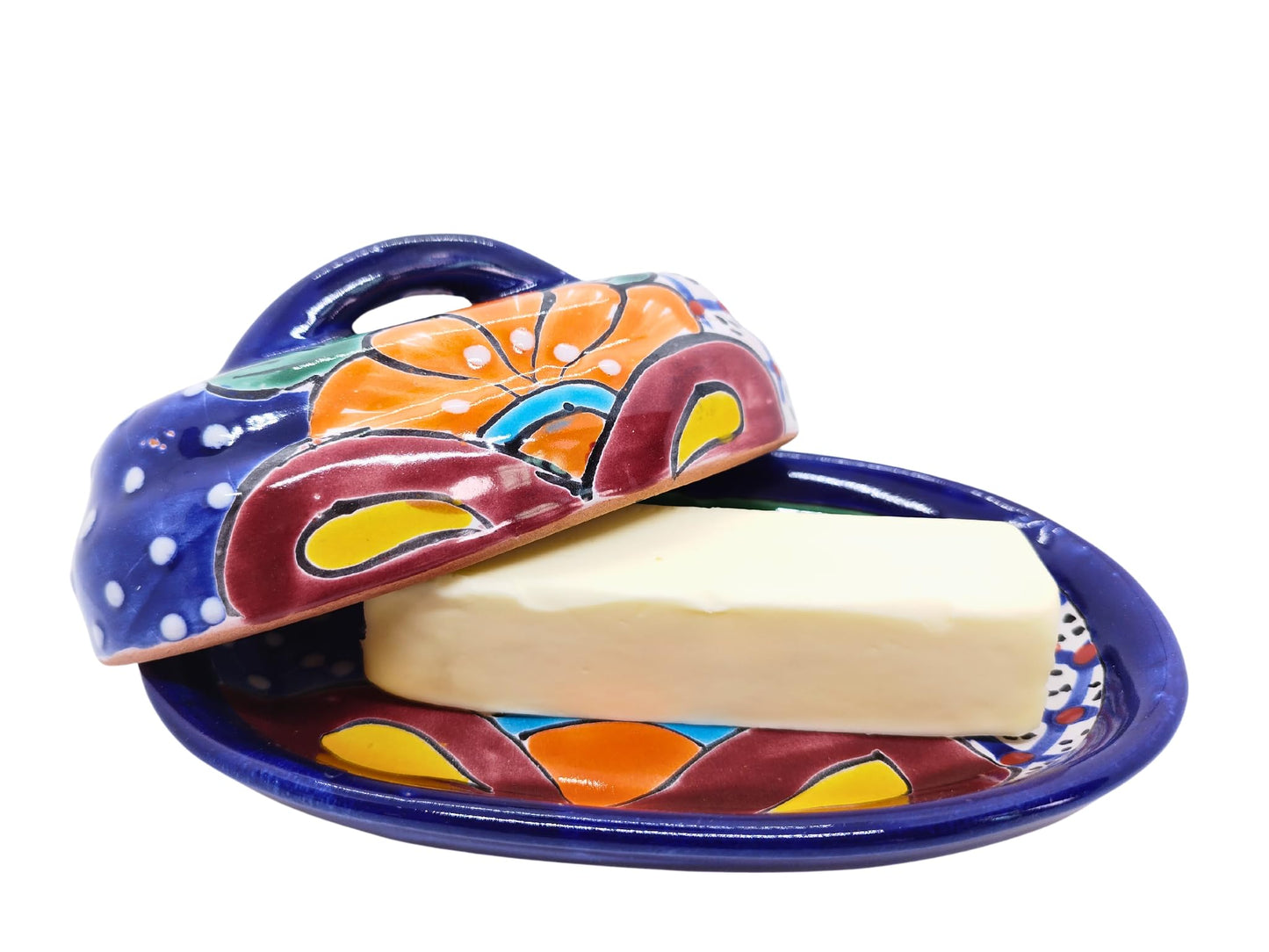 MEXTEQUIL - Butter Dish Ceramic Talavera with Lid Hand Painted Authentic Mexican Pottery Kitchen Floral Design (Blue)