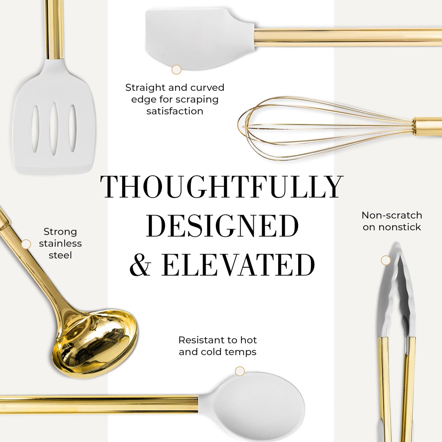 White Silicone and Gold Cooking Utensils Set with Gold Utensil Holder - 7-Piece Silicone Cooking Tools - Ideal for Nonstick Cookware and Stylish Modern Kitchens - Luxury Kitchen Accessories