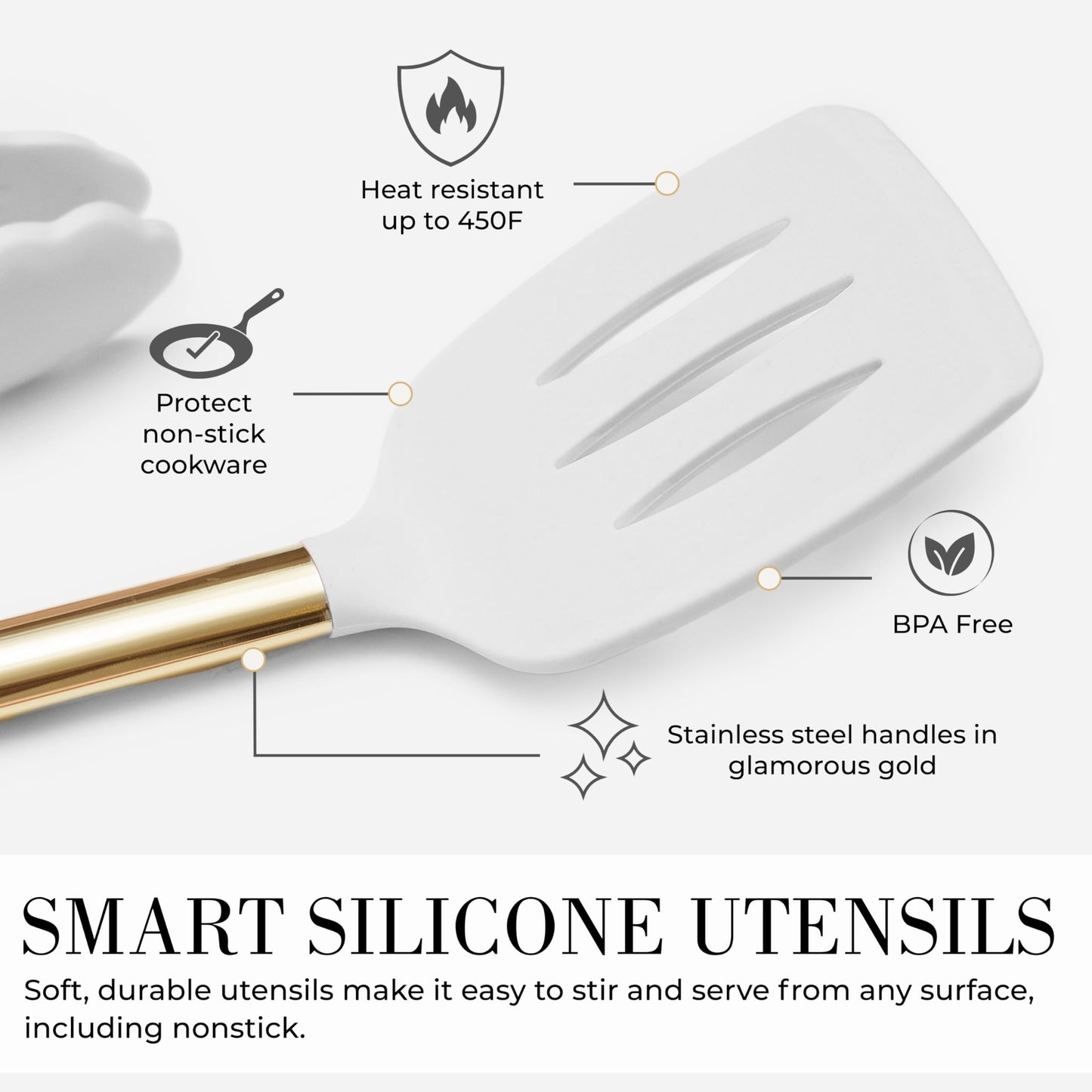 White Silicone and Gold Cooking Utensils Set with Gold Utensil Holder - 7-Piece Silicone Cooking Tools - Ideal for Nonstick Cookware and Stylish Modern Kitchens - Luxury Kitchen Accessories