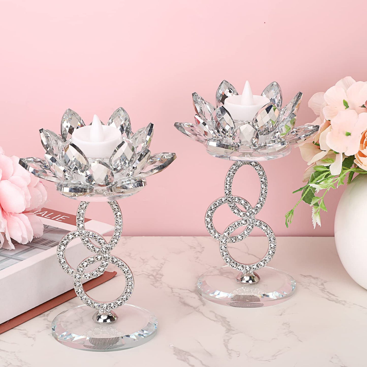 Set of 2 Crystal Lotus Flower Candlestick Holders