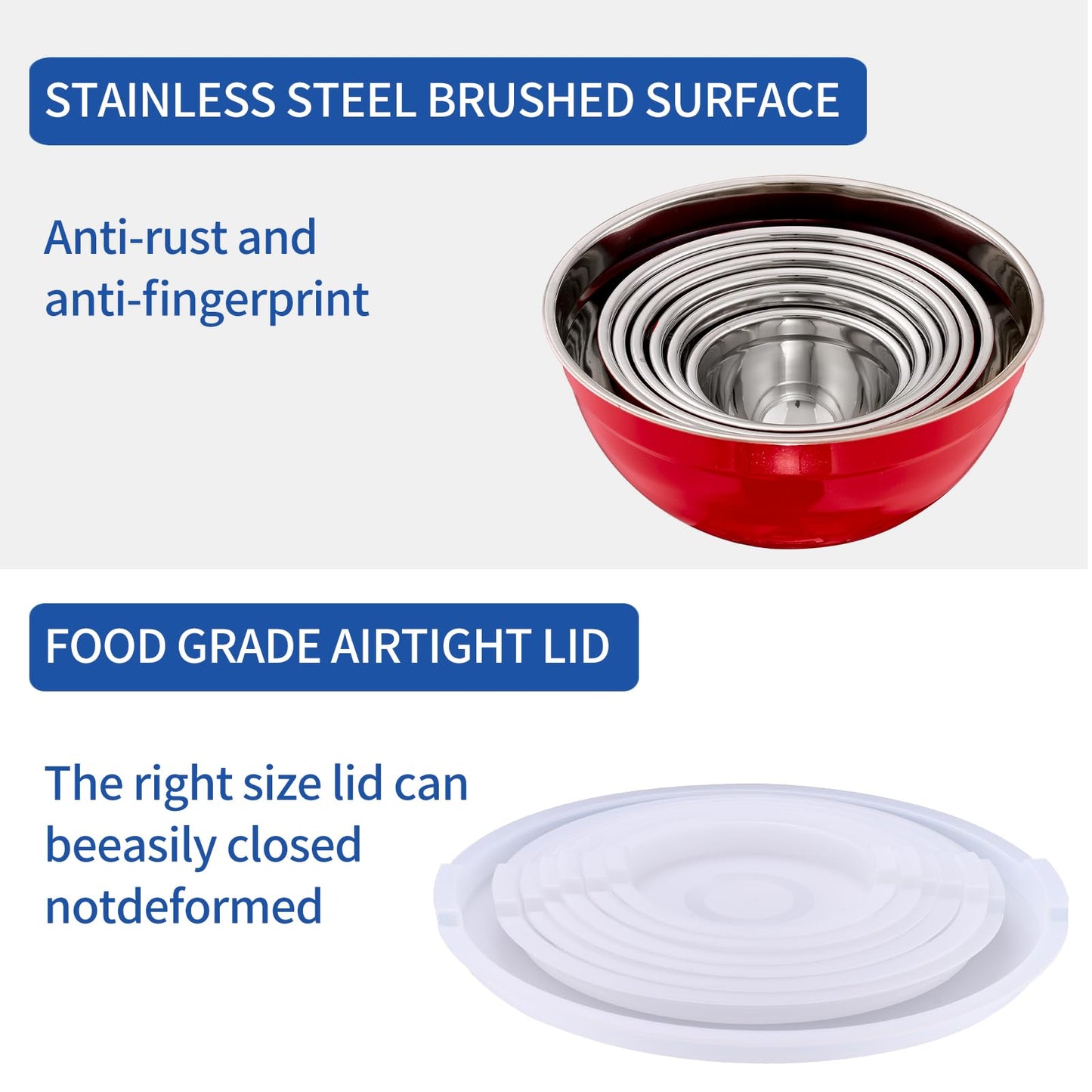 Moxinox Red Mixing Bowls with Airtight Lids, Stainless Steel Nesting Mixing Bowls Set of 7, Ideal for Baking, Prepping and Serving Food, Size 7, 3.6, 2.7, 2.1, 1.5, 1.1,0.8 QT, Stackable Design