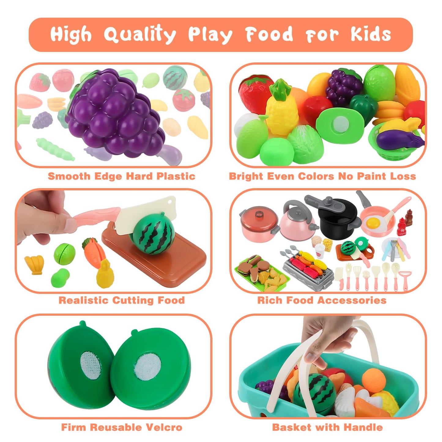 Yotino 108-Piece Play Kitchen Accessories Toddler Play Kitchen Set Play Food Set with Pots and Pans Daily Food Fruit Veges,Kitchen Accessories Fake Food for Boys Girls (Pink)