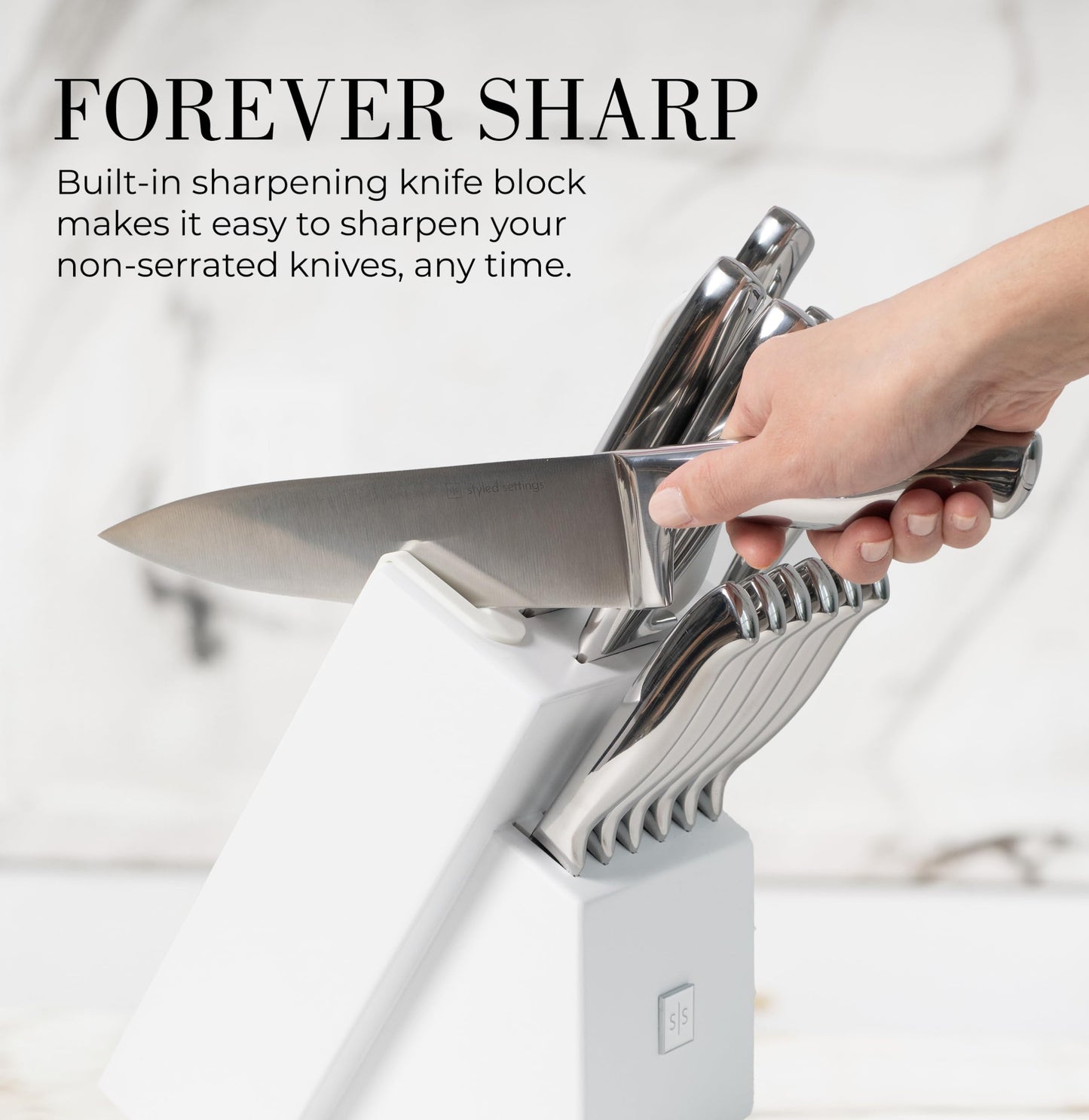 Styled Settings Stainless Steel Knife Set with Built In Sharpener - 14-Piece Ultra Sharp, High Carbon Stainless Steel Kitchen Knife Set includes White Knife Base