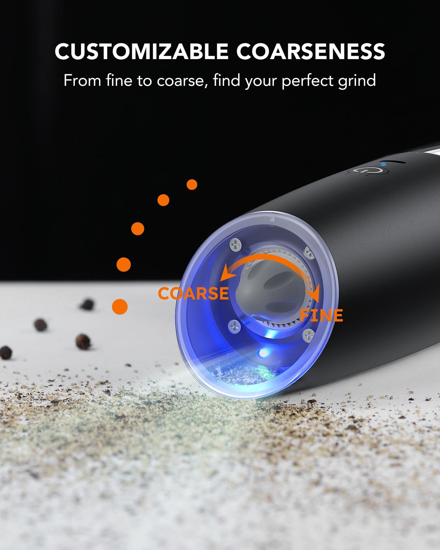 Gravity Electric Salt and Pepper Grinder Set, USB Rechargeable 9 Oz. Large Capacity, Automatic Salt Mill Set, One-Click Grinding One-Hand Operated Adjustable Coarseness Pepper Mill (Black)