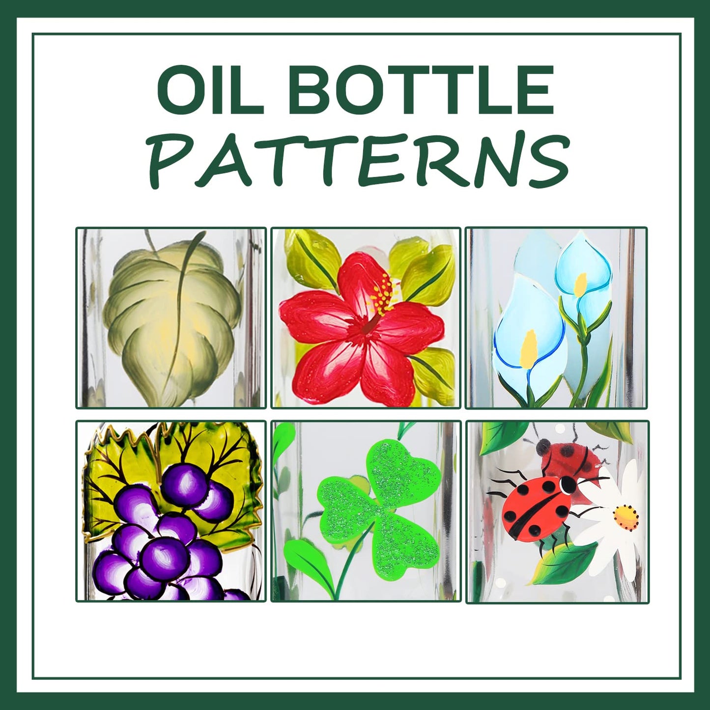 YIYUKODO 17oz Hand Painted Glass Olive Oil Bottle - 500ml Green Oil & Vinegar Cruet with Pourers - Olive Oil Carafe Decanter for Kitchen (Shamrock)