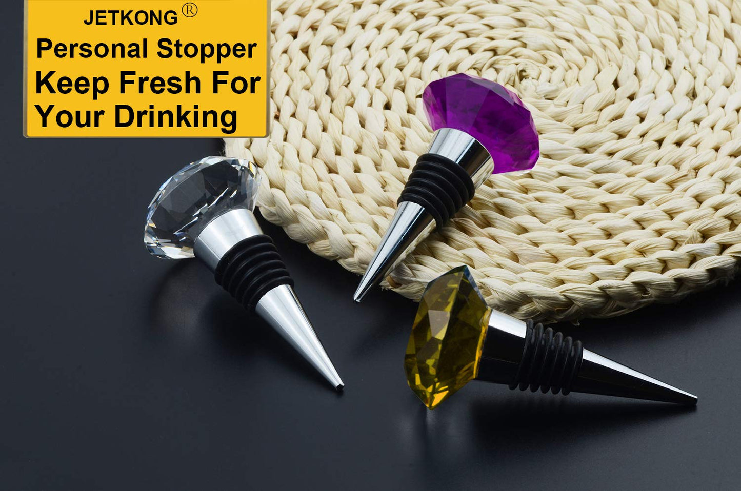 JETKONG 3 Pcs Crystal Wine Stoppers Reusable Wine and Beverage Bottle Stopper Diamond Shaped Wine Stopper (Yellow White Purple)