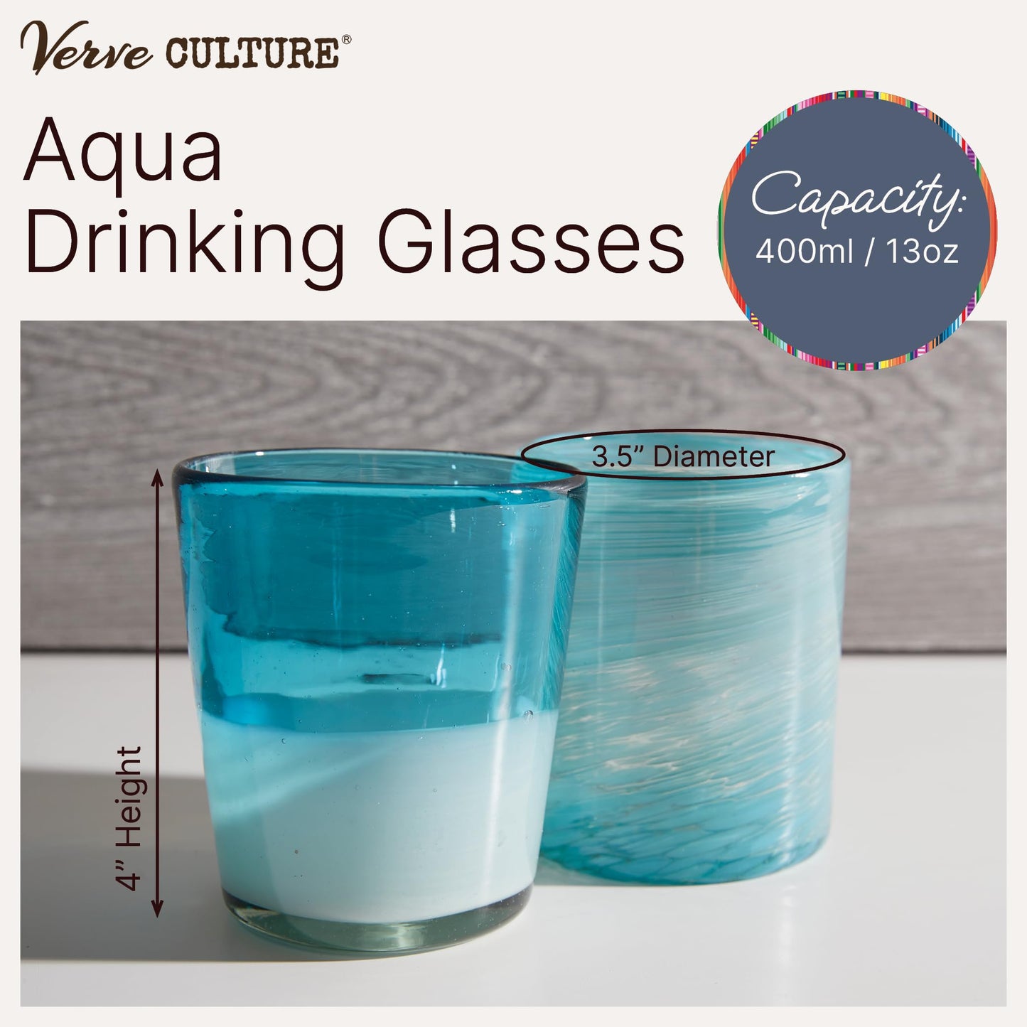 Verve CULTURE Hand Blown Drinking Glasses Set of 4 Aqua Water Glasses | Authentic Mexican Glassware | 13 oz Capacity