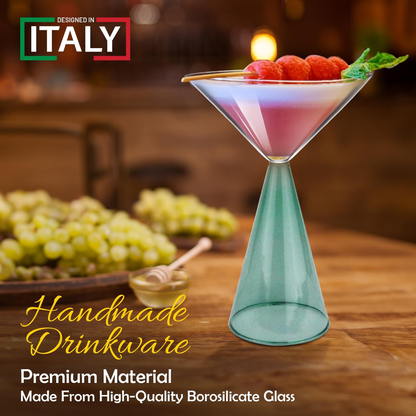 Gusto Buono 8.4oz Martini Glasses – Set of 4 Drinkware with Sea Green Stem Geometric Design | Heat-Resistant, Dishwasher & Microwave Safe | Perfect for Martinis, Cocktails, Home, Parties, & Gifts