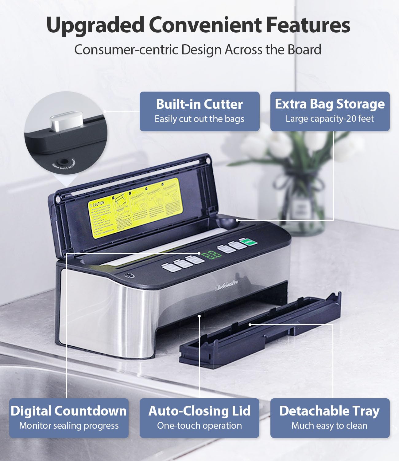 Vacuum Sealer Machine, Beelicious 85KPA Fully Automatic 8-in-1 Food Sealer with Bags Storage, Build-in Cutter, Moist Mode and Air Suction Hose | Digital Countdown | Sous Vide