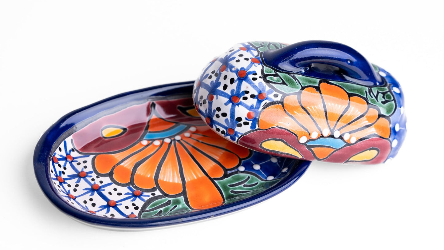 MEXTEQUIL - Butter Dish Ceramic Talavera with Lid Hand Painted Authentic Mexican Pottery Kitchen Floral Design (Blue)