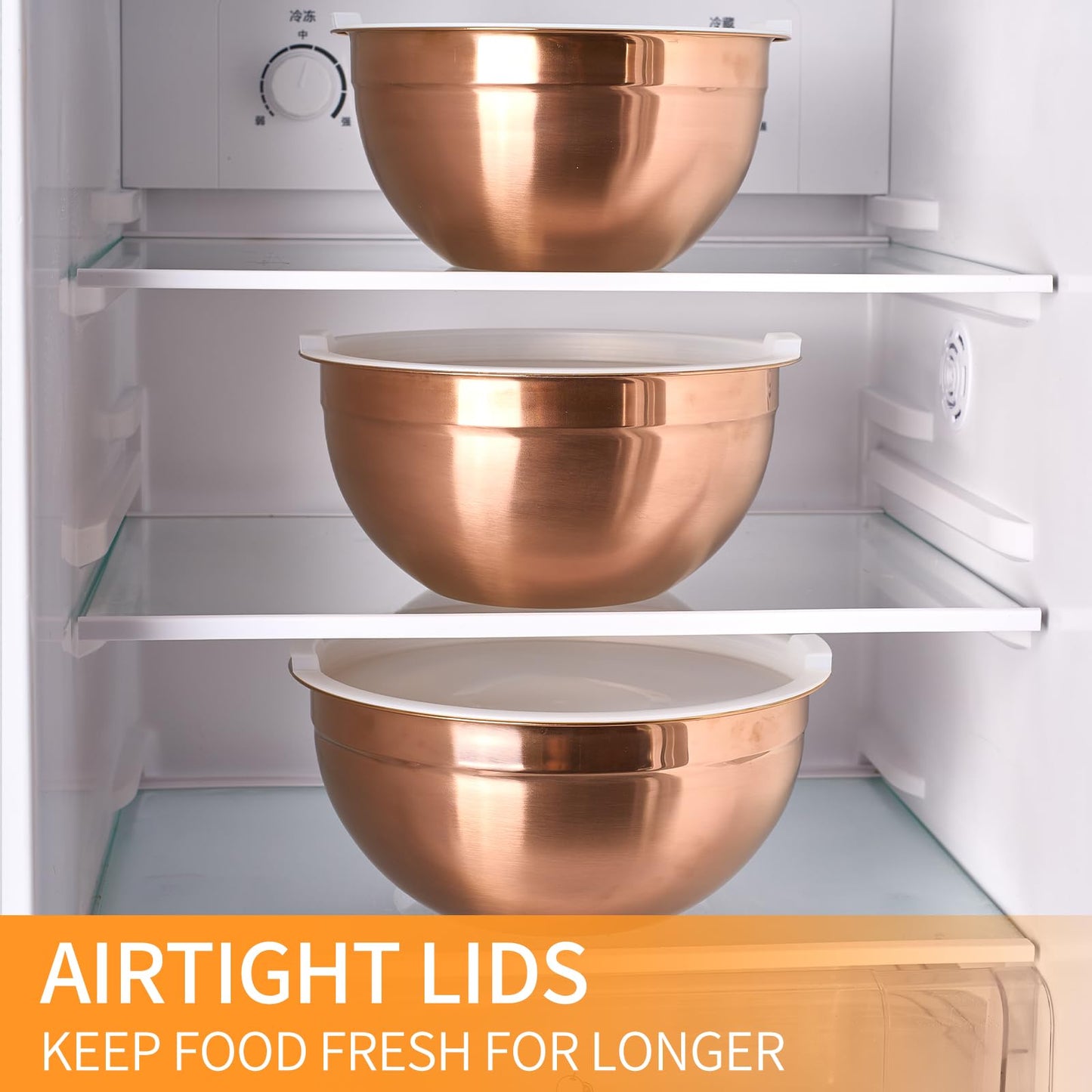 Moxinox Rose Gold Mixing Bowls with Airtight Lids, Stainless Steel Nesting Mixing Bowls Set of 7, Ideal for Baking, Prepping and Serving Food, Size 7, 3.6, 2.7, 2.1, 1.5, 1.1,0.8 QT, Stackable Design