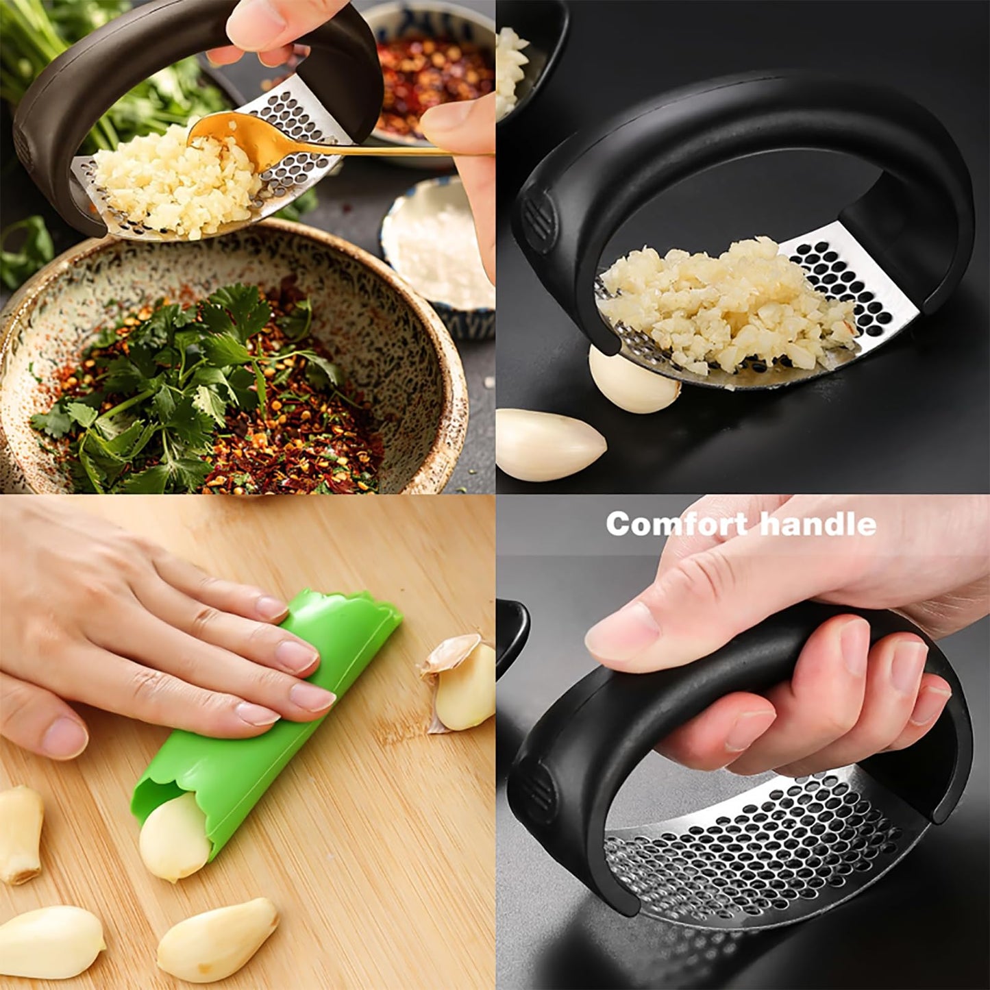 Garlic Mincer Tool, Stainless Steel Garlic Presser, Garlic Crusher with Onion Holder for Slicing, Garlic Chopper Mincer Crusher Grinder Masher with Shred Silk The Knife (Black, with Long Onion Fork)