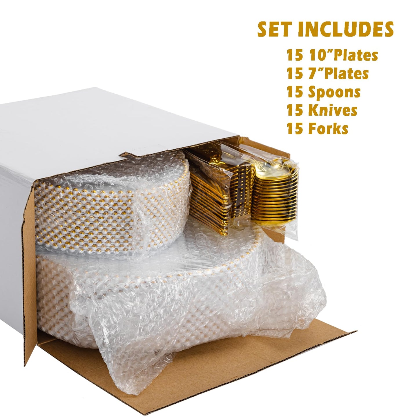 75-Piece Gold Bead-Rimmed Plastic Plate and Utensils Set, Heavy Duty Dinnerware Set Includes 15 Dinner Plates, 15 Dessert Plates, 15 Gold Plastic Forks, 15 Spoons, 15 Knives, Perfect for Parties and Weddings
