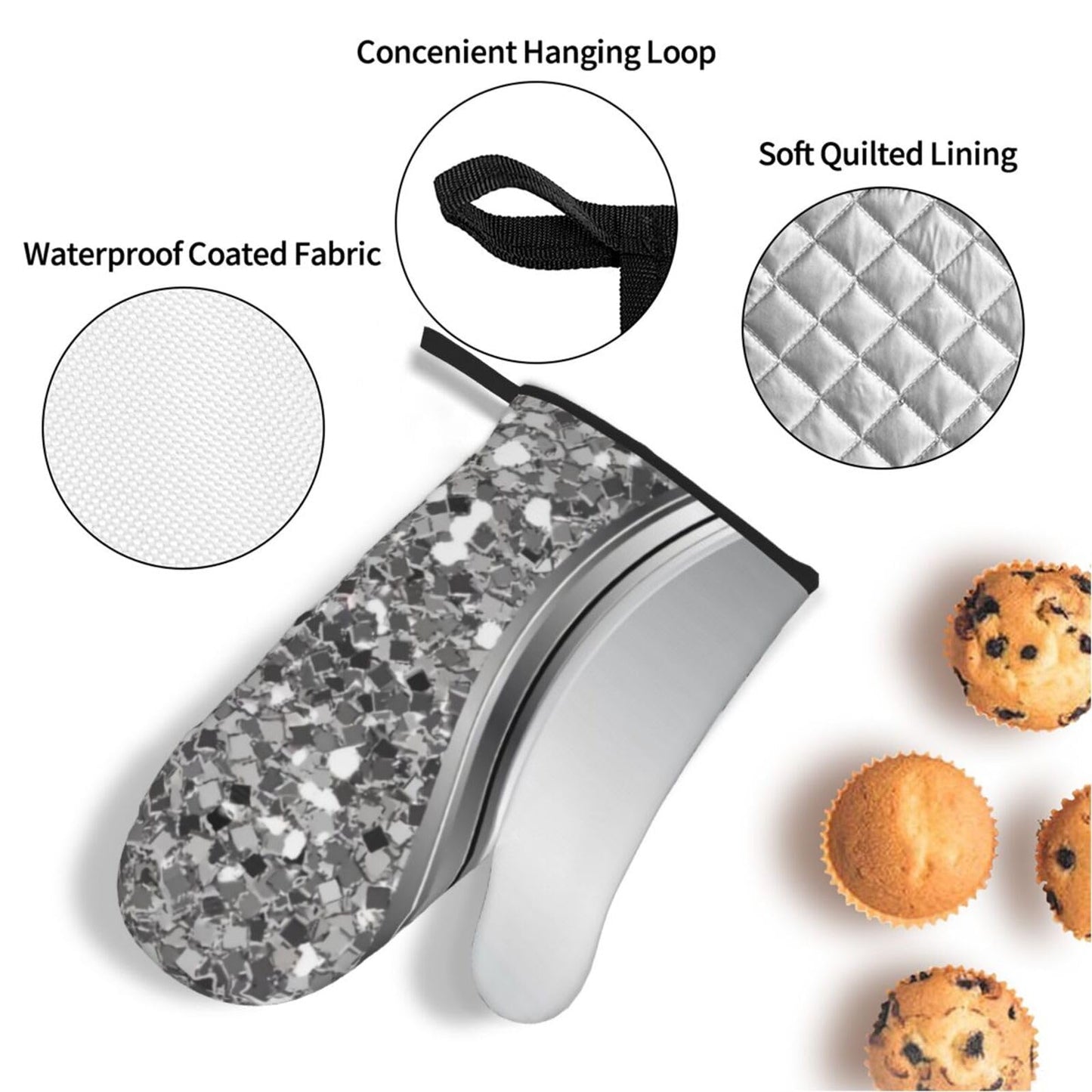 Silver Sparkle Glam Bling Oven Mitts and Pot Holders 4 Pcs Set,High Heat Resistant 500 Degree Extra Thicken Long Kitchen Cotton Oven Glove for Cooking