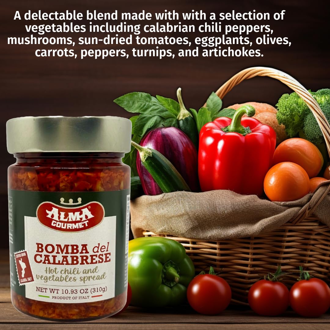 Alma Gourmet Bomba Calabrese Imported From Italy - Spicy Hot Calabrian Chili Peppers and Mixed Vegetables Spread - Italian Hot Sauce Spread - 10.9 Oz. (310 g.)