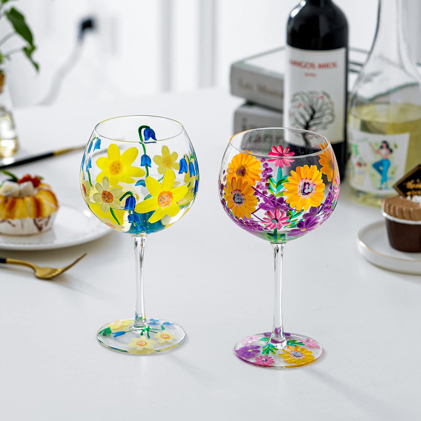 Hand-Painted Wine Glass Blue White Yellow Flowers Artisan Painted 20.5 Oz. Personalised Gift Idea