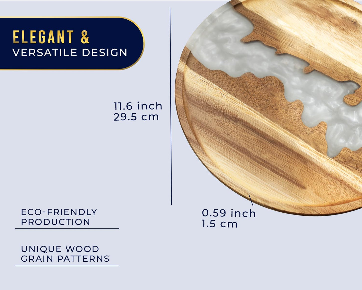 Visually Stunning Pearl White Resin + Acacia Wood Serving Tray - Modern Round 12" Serving Tray for Food, Breakfast in Bed, Coffee Table, Decor, Organization, Snacks, Patio, Lap Tray