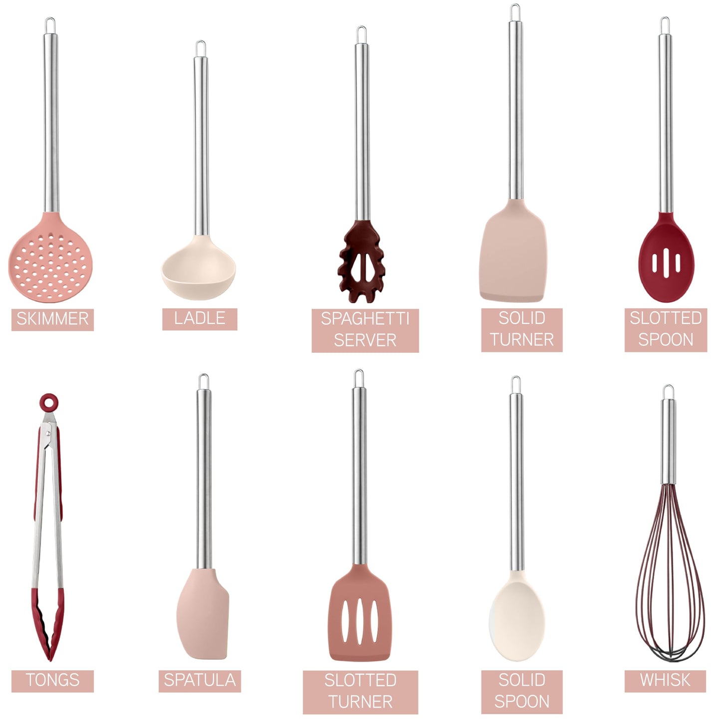 Rose COOK WITH COLOR Silicone Cooking Utensils, Kitchen Utensil Set, Easy to Clean Silicone Kitchen Utensils, Cooking Utensils for Nonstick Cookware, Kitchen Gadgets Set, 10 Pieces, Rose