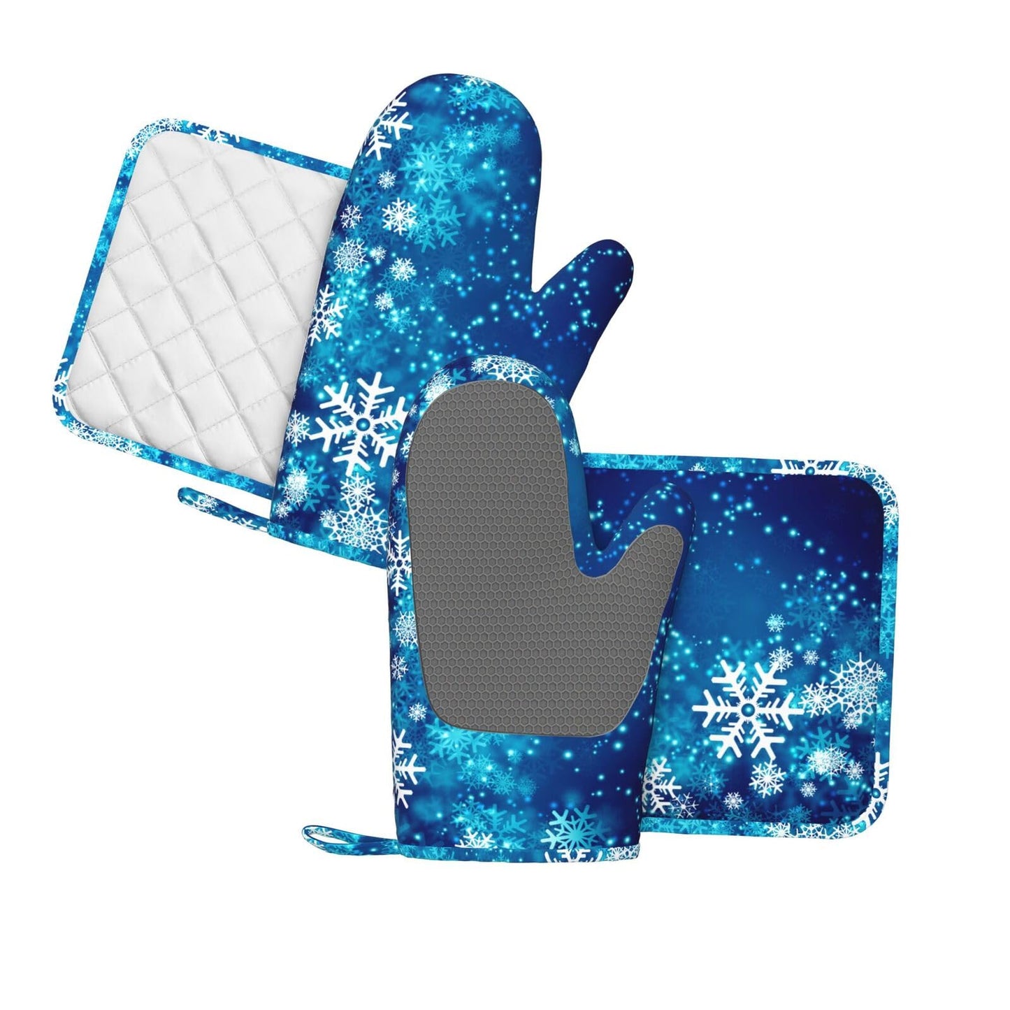 Oven Mitts and Pot Holders Blue Snowflake Winter Christmas Silicone Kitchen Accessories Set of 4 Heat Resistant Long Gloves Potholder Non-Slip Grip for Chef Cooking Baking Grilling BBQ