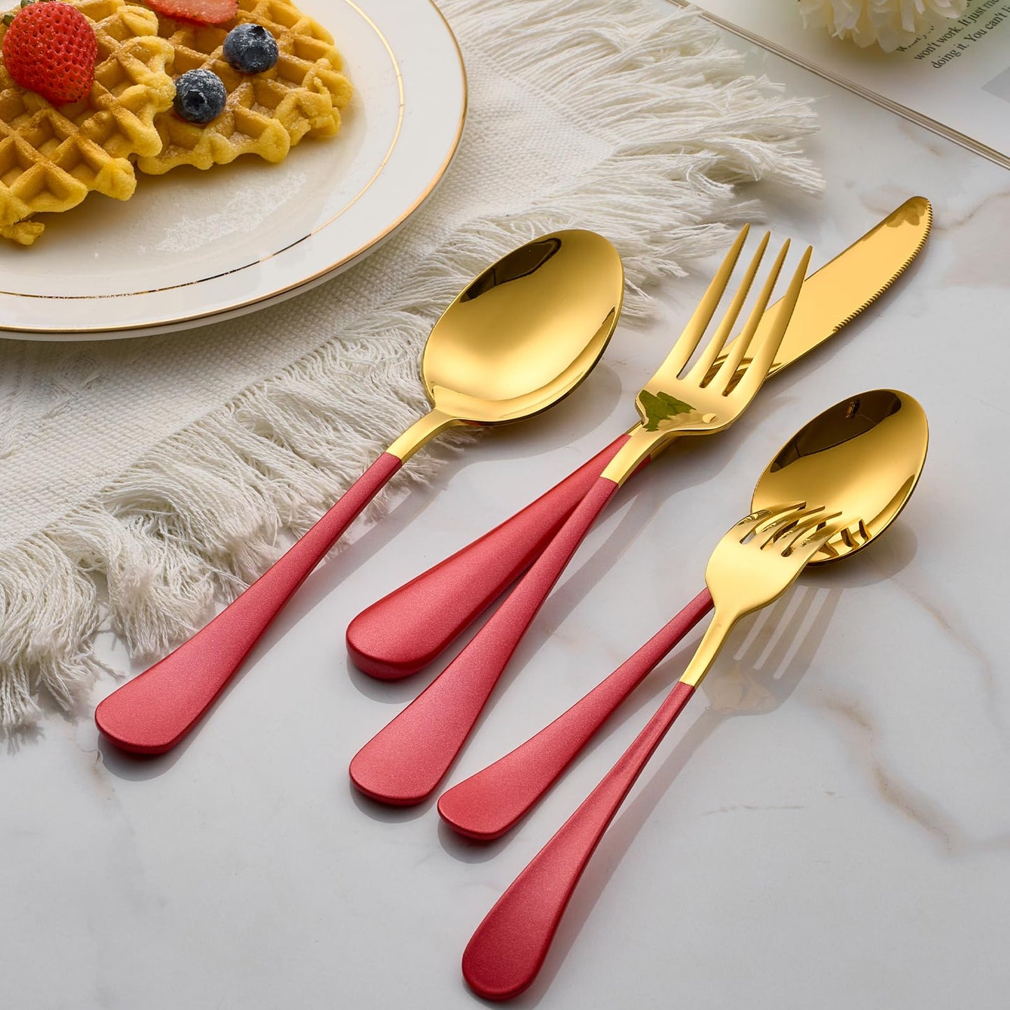 Red and Gold 20-Piece Silverware Set 18/0 Stainless Steel Flatware Red Handle Cutlery Set Service for 4 Dinner Knives Forks Spoons Set Mirror Finish Dishwasher Safe