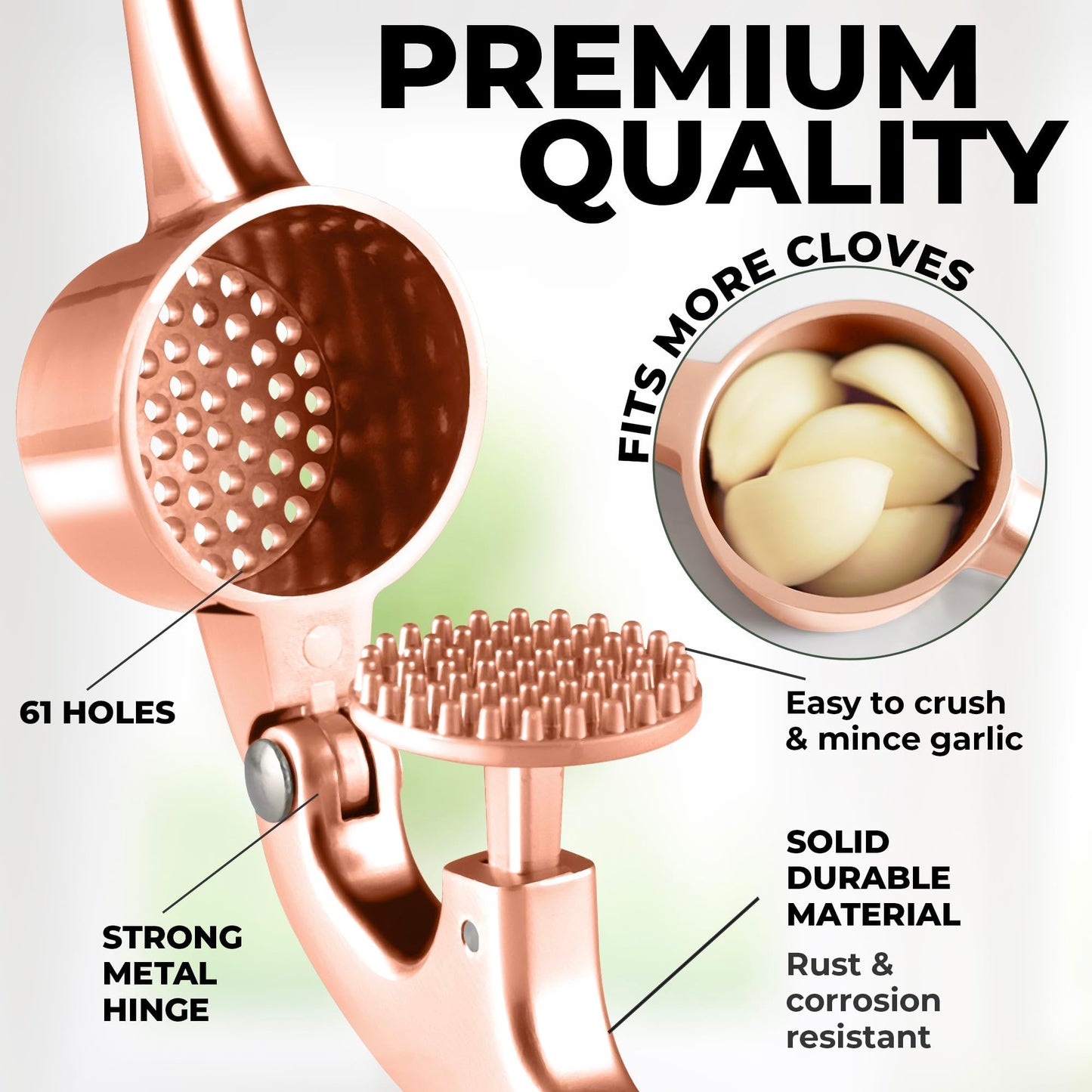 Zulay Kitchen Large Premium Garlic Press Set - Bigger Bowl for Bigger Garlic - Rust Proof and Dishwasher Safe Garlic Mincer Tool - Easy-Squeeze, Easy-Clean Silicone Garlic Peeler and Brush (Rose Gold)