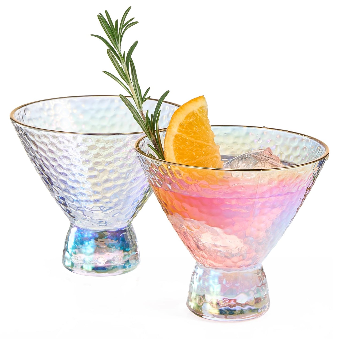 Iridescent Lustered Stemless Martini Glasses Set of 2 - Hammered Cocktail & Martini Glasses - Luxury Gift Box - Gold Rim 8oz Colorful Stemless Glassware - Weddings , Anniversary , Christmas , Barware
