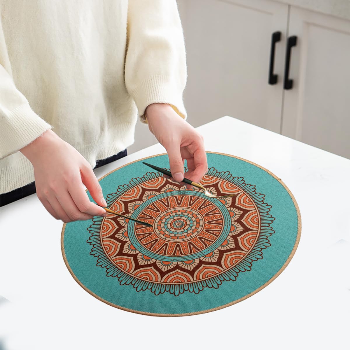 PIGCHCY Round Boho Placemats Set of 6, Rubber Heat Resistant Tabel Mats, Waterproof Washable Placemat for Dining Table Decoration (Teal)