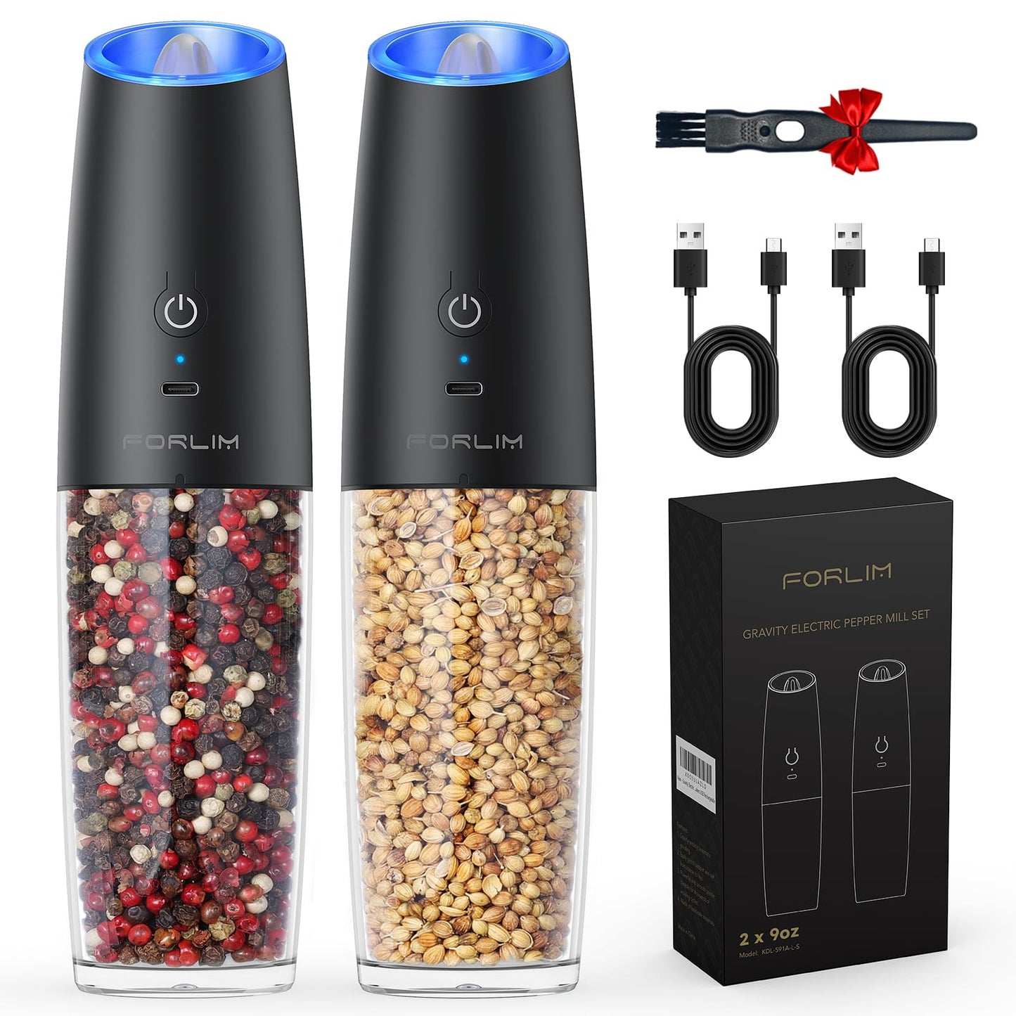 Gravity Electric Salt and Pepper Grinder Set, USB Rechargeable 9 Oz. Large Capacity, Automatic Salt Mill Set, One-Click Grinding One-Hand Operated Adjustable Coarseness Pepper Mill (Black)