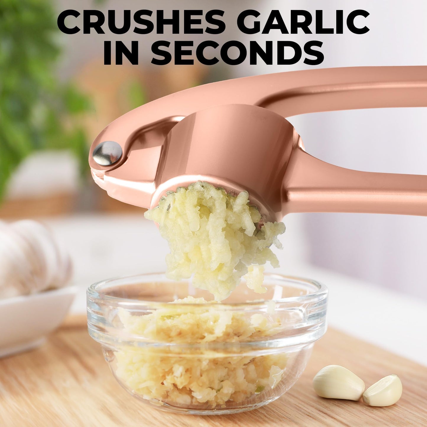Zulay Kitchen Large Premium Garlic Press Set - Bigger Bowl for Bigger Garlic - Rust Proof and Dishwasher Safe Garlic Mincer Tool - Easy-Squeeze, Easy-Clean Silicone Garlic Peeler and Brush (Rose Gold)