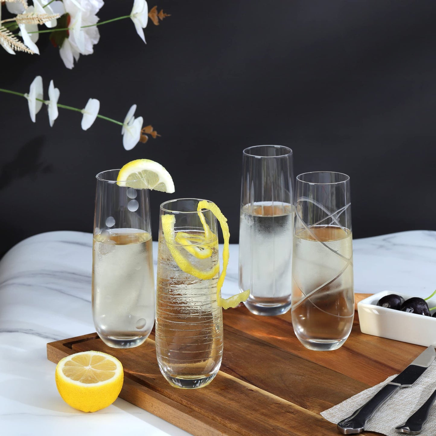 Handmade Mouth-Blown Joeyan Etched Champagne Flutes Glasses Cups, Handmade Mouth Blown Aesthetics Glassware Art Decoration, Home Bar Essentials, Gifts for Wedding Anniversary Daily Use, Set of 4, 9.8 oz., Dishwasher Safe