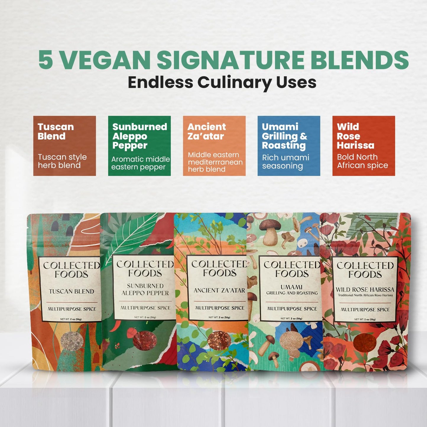Vegan Spice Gift Set - Gourmet Seasoning Collection by NYC Chefs for Plant-Based Cooking: Includes Zaatar, Umami, Tuscan Blend, Wild Rose Harissa, and Aleppo Pepper"