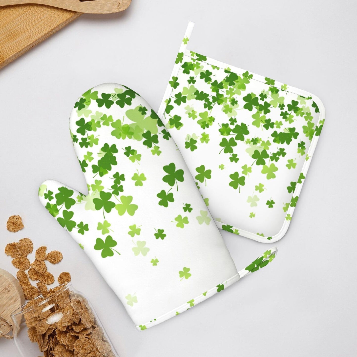 Oven Mitts and Pot Holders St. Patrick's Day Shamrock Clover Silicone Kitchen Accessories Set of 4 Heat Resistant Long Gloves Potholder Non-Slip Grip for Chef Cooking Baking Grilling BBQ