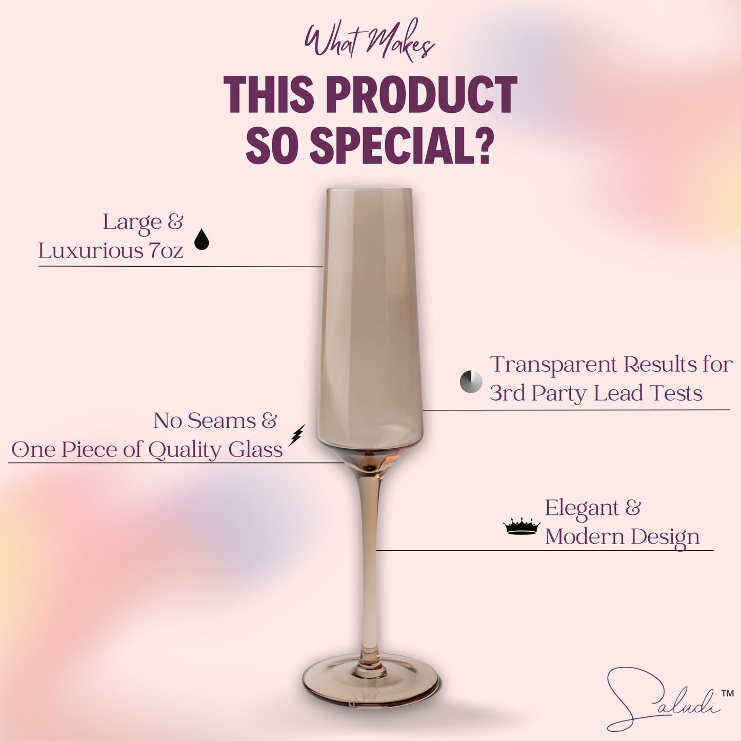 Saludi Colored Champagne Flutes - As Seen on 'Bachelor in Paradise' - 7oz (Set of 6) Stemmed Multi-Color Champagne Glass - Great for All Occasions and Gifts - Luxury, Durable, Hand-Blown